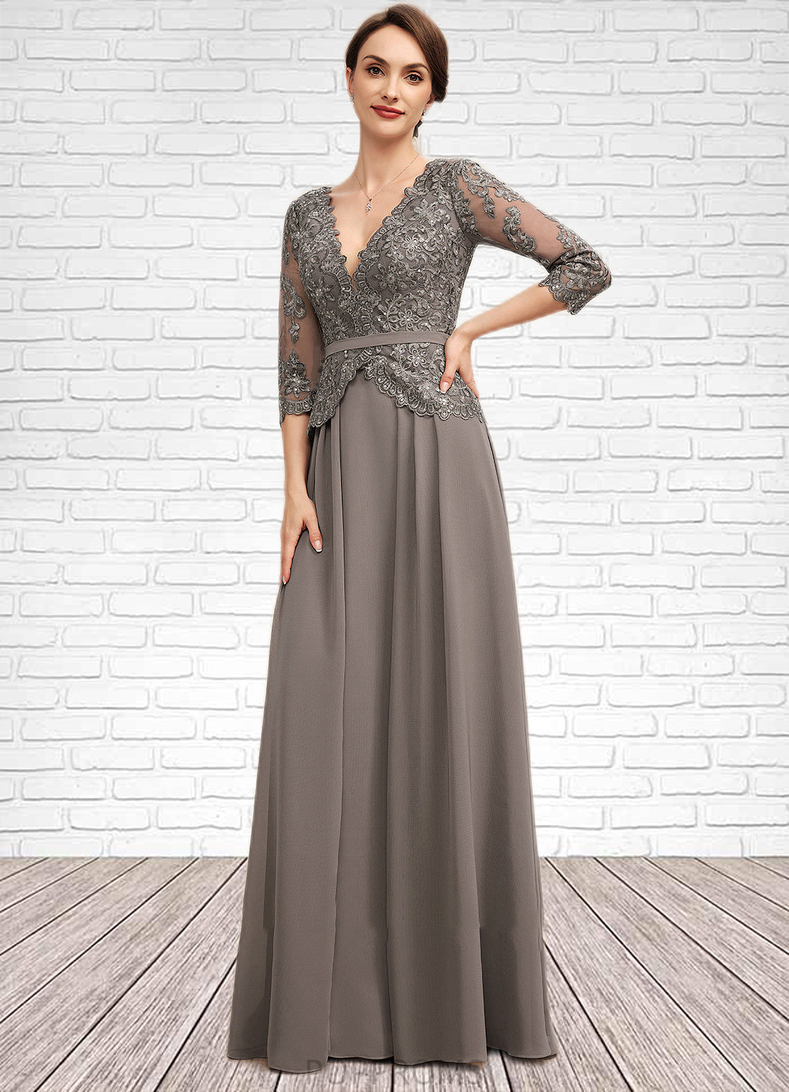 Rhianna A-Line V-neck Floor-Length Chiffon Lace Mother of the Bride Dress With Sequins PP6126P0014574