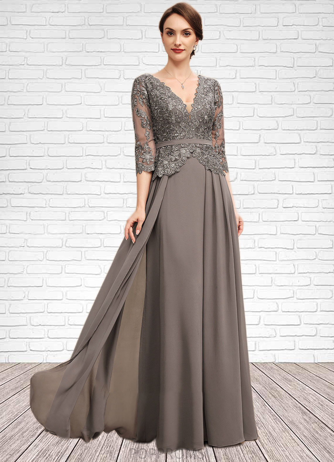 Rhianna A-Line V-neck Floor-Length Chiffon Lace Mother of the Bride Dress With Sequins PP6126P0014574