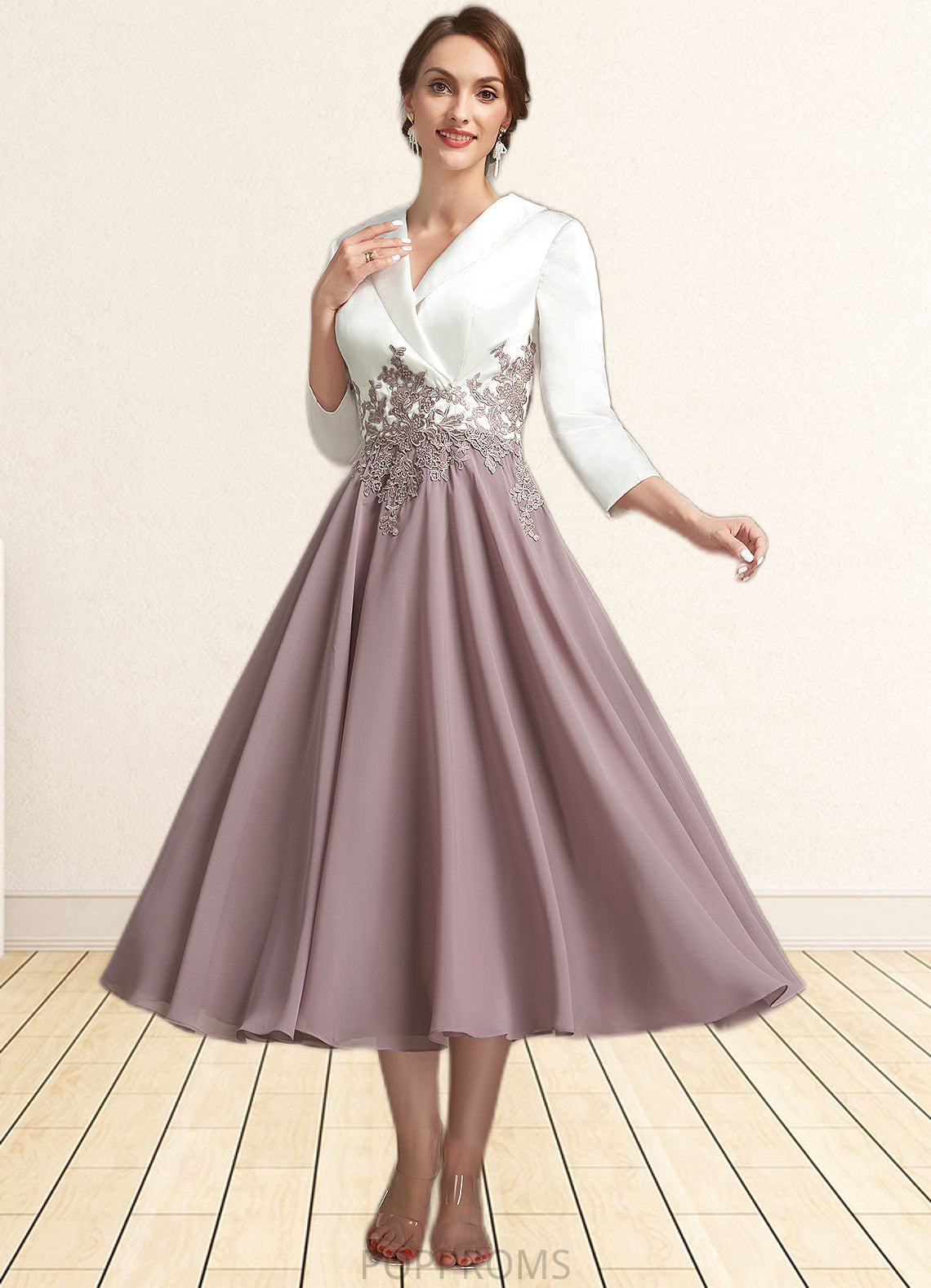 Janiya A-Line V-neck Tea-Length Chiffon Lace Mother of the Bride Dress PP6126P0014575