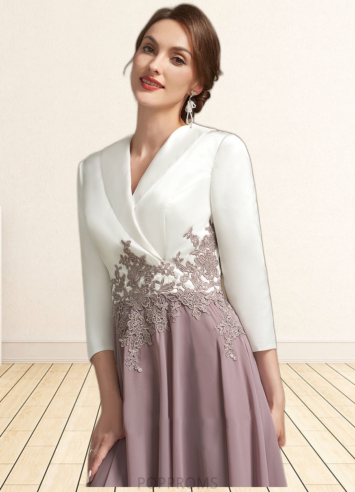 Janiya A-Line V-neck Tea-Length Chiffon Lace Mother of the Bride Dress PP6126P0014575