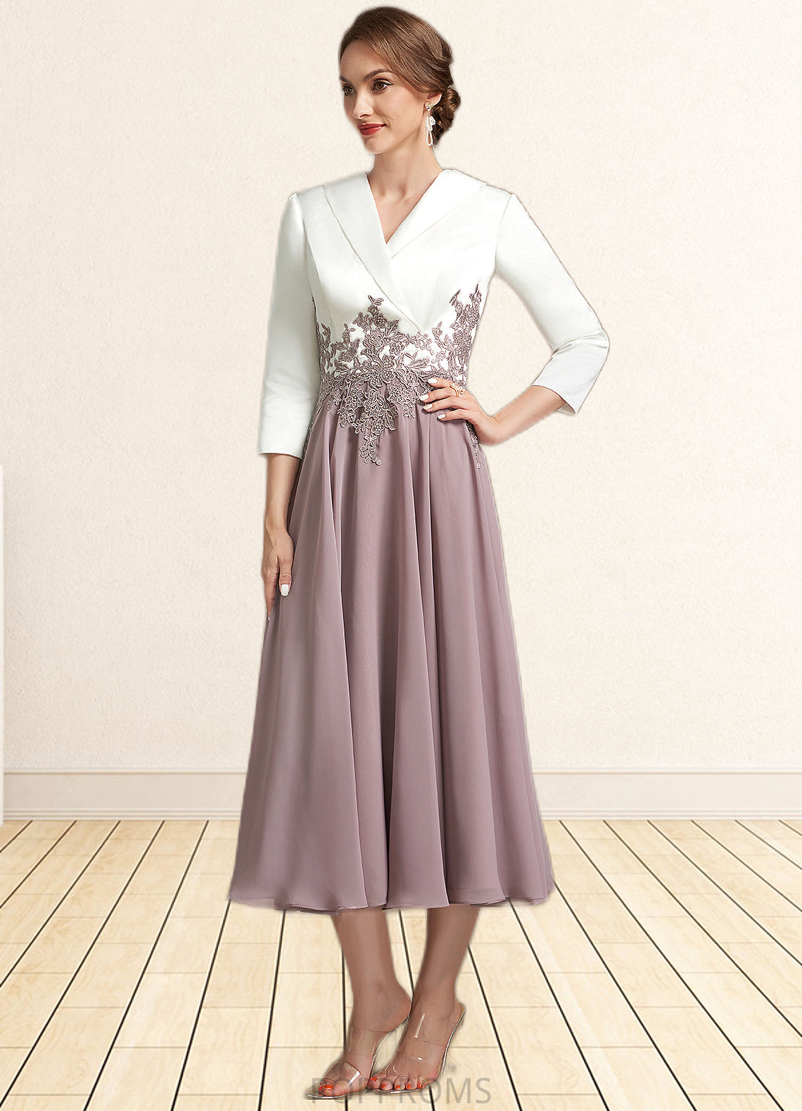 Janiya A-Line V-neck Tea-Length Chiffon Lace Mother of the Bride Dress PP6126P0014575