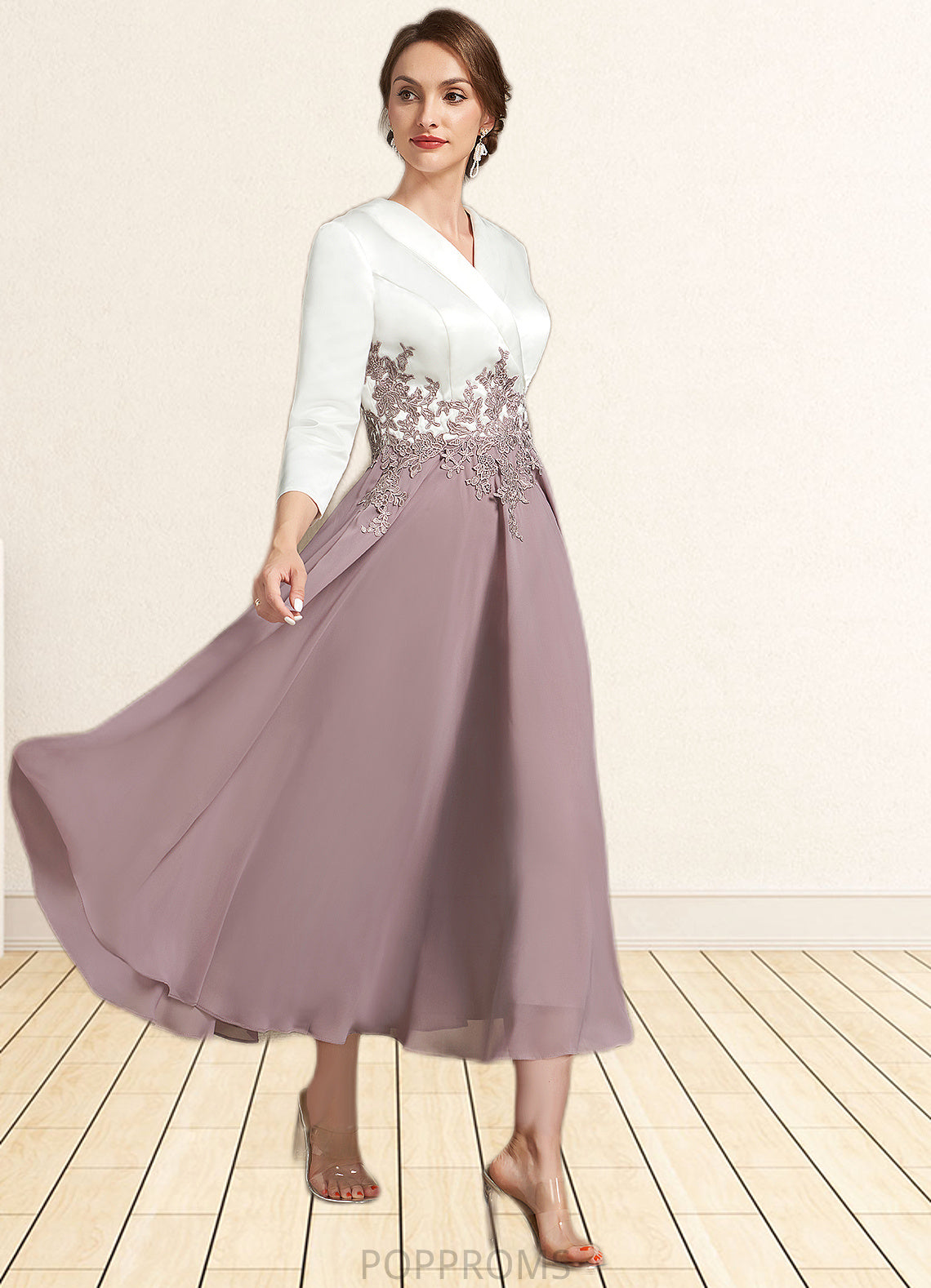 Janiya A-Line V-neck Tea-Length Chiffon Lace Mother of the Bride Dress PP6126P0014575