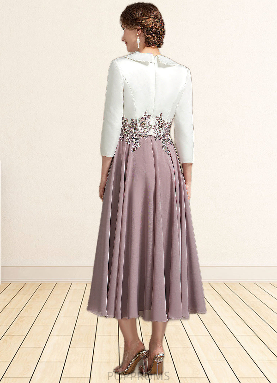 Janiya A-Line V-neck Tea-Length Chiffon Lace Mother of the Bride Dress PP6126P0014575