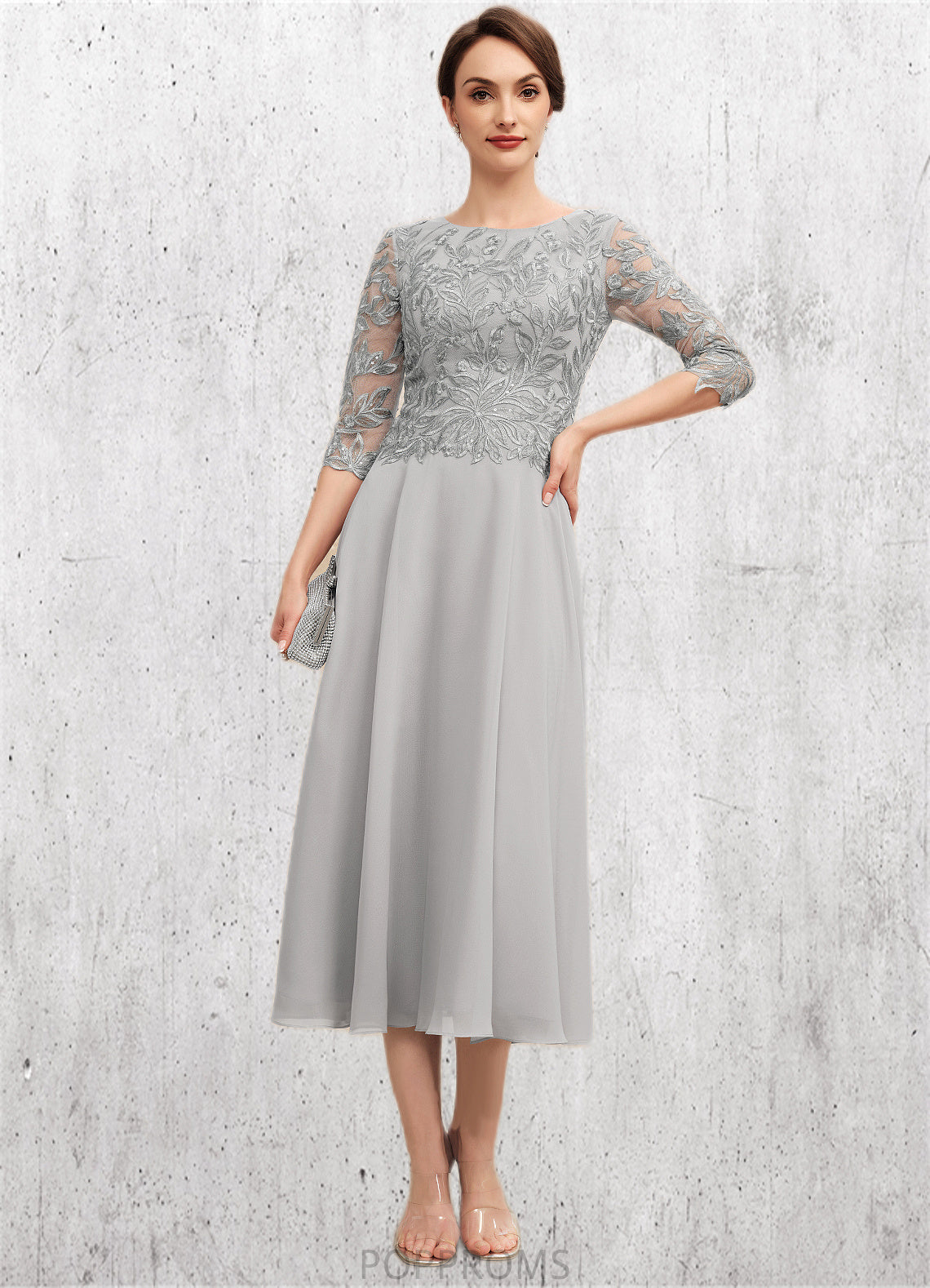 Elizabeth A-Line Scoop Neck Tea-Length Chiffon Lace Mother of the Bride Dress With Sequins PP6126P0014580