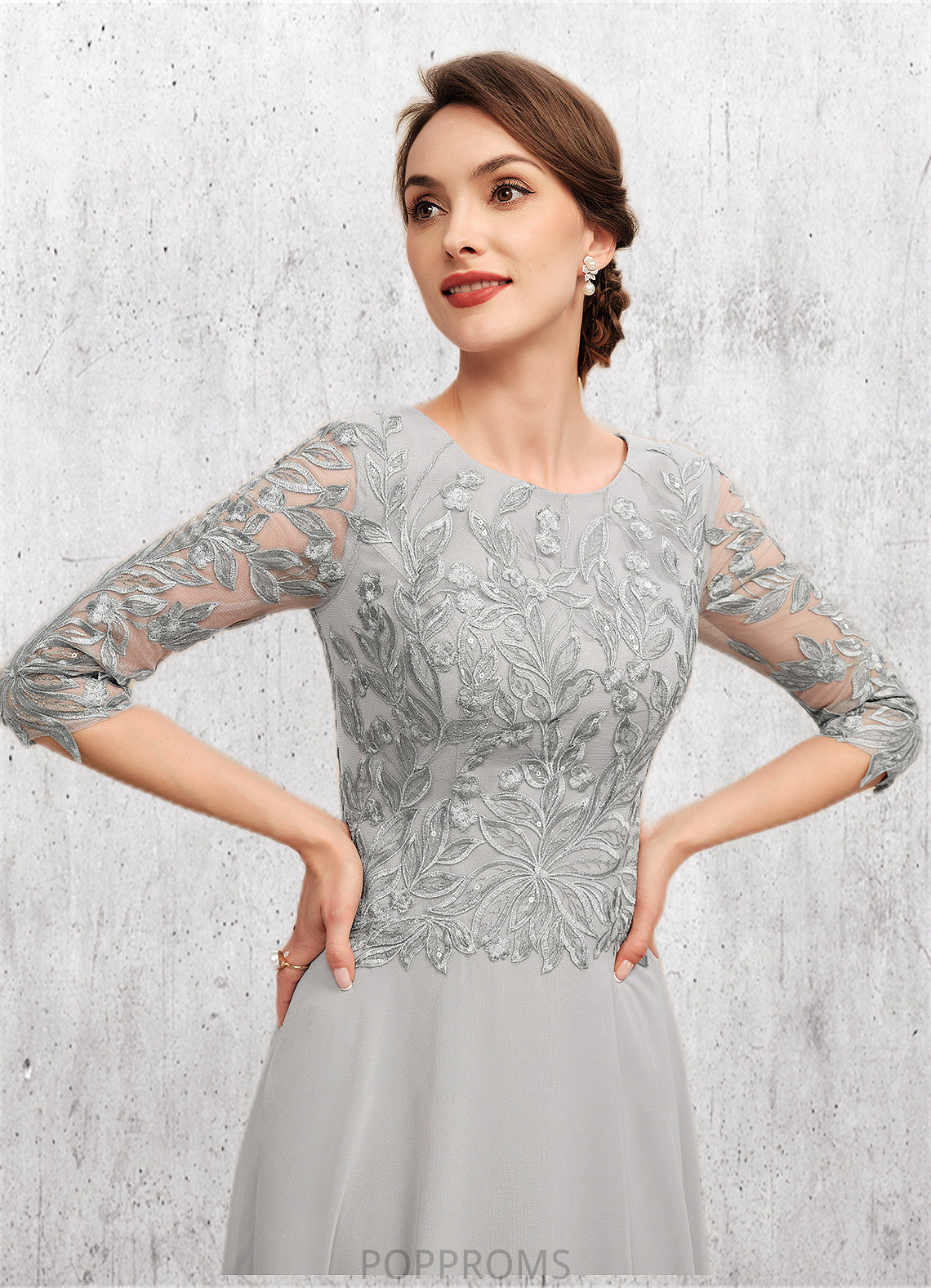 Elizabeth A-Line Scoop Neck Tea-Length Chiffon Lace Mother of the Bride Dress With Sequins PP6126P0014580