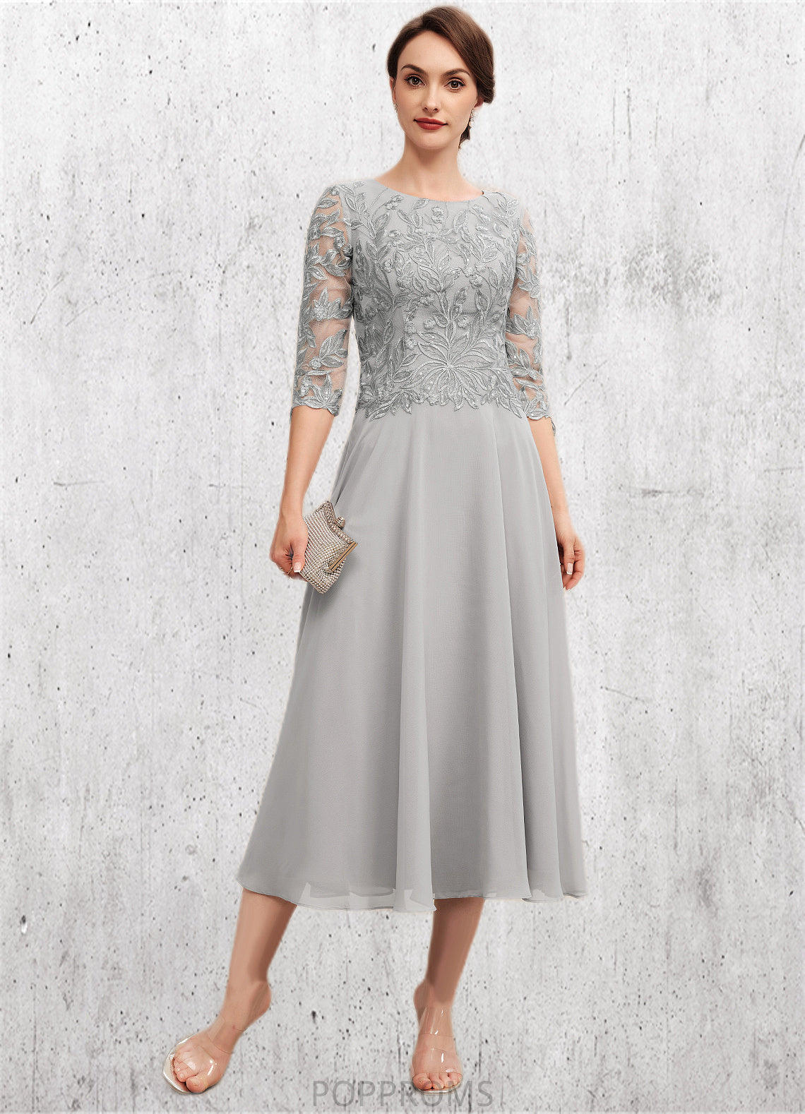 Elizabeth A-Line Scoop Neck Tea-Length Chiffon Lace Mother of the Bride Dress With Sequins PP6126P0014580