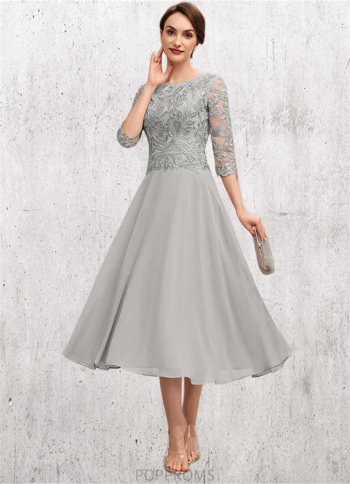 Elizabeth A-Line Scoop Neck Tea-Length Chiffon Lace Mother of the Bride Dress With Sequins PP6126P0014580