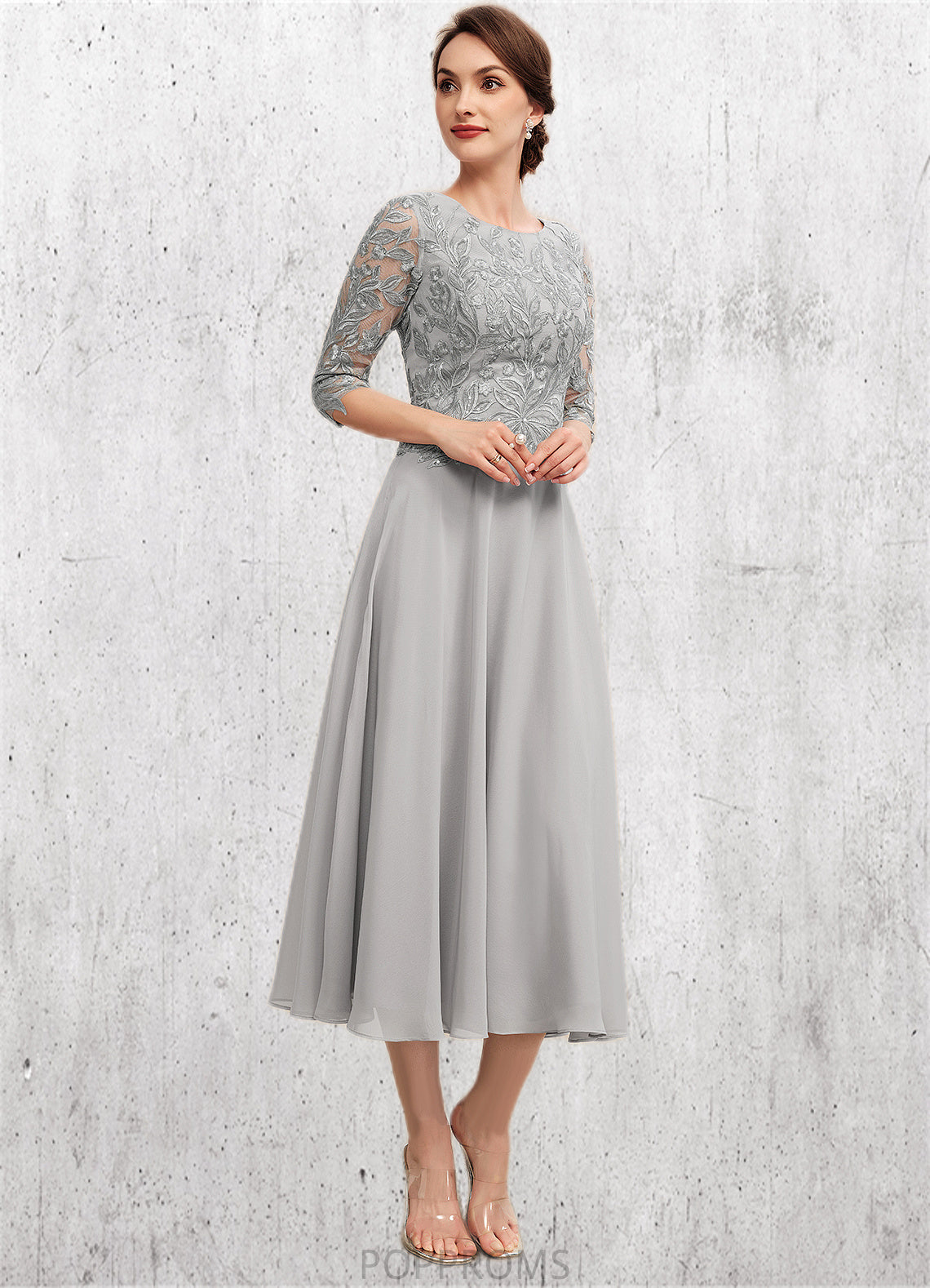 Elizabeth A-Line Scoop Neck Tea-Length Chiffon Lace Mother of the Bride Dress With Sequins PP6126P0014580