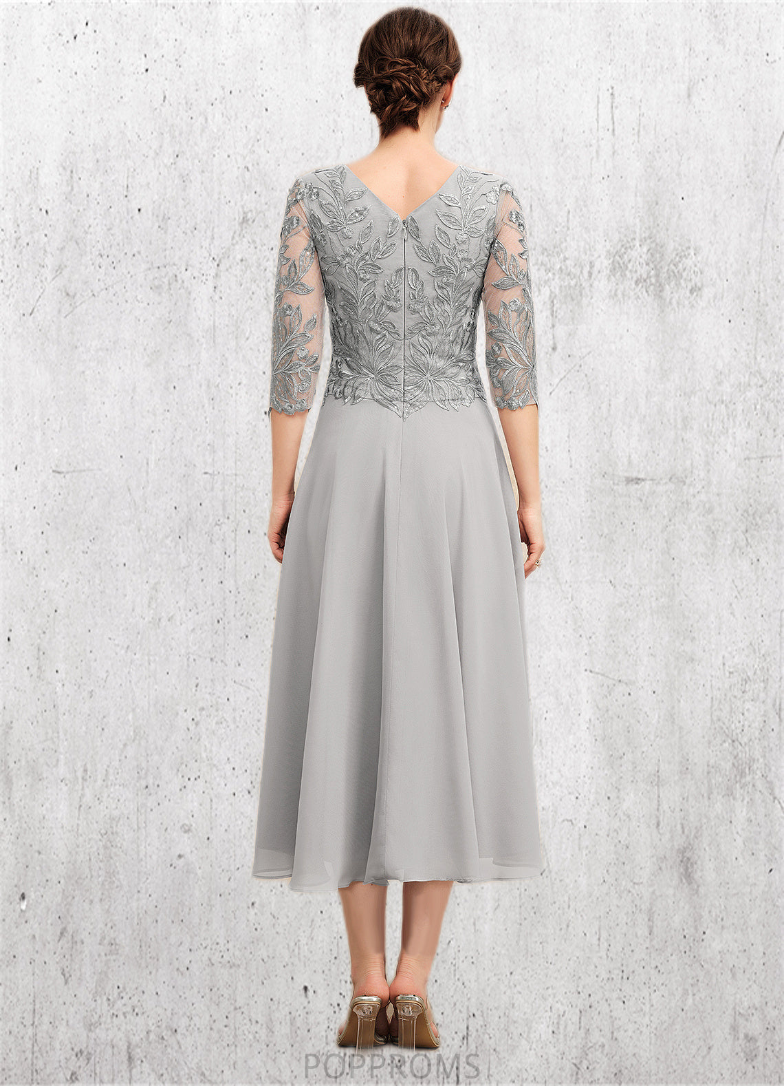 Elizabeth A-Line Scoop Neck Tea-Length Chiffon Lace Mother of the Bride Dress With Sequins PP6126P0014580