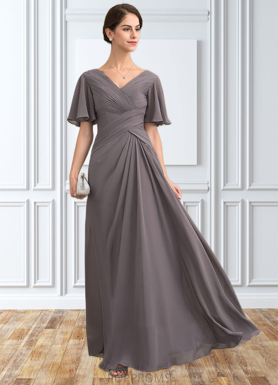 Shirley A-Line V-neck Floor-Length Chiffon Mother of the Bride Dress With Ruffle PP6126P0014581