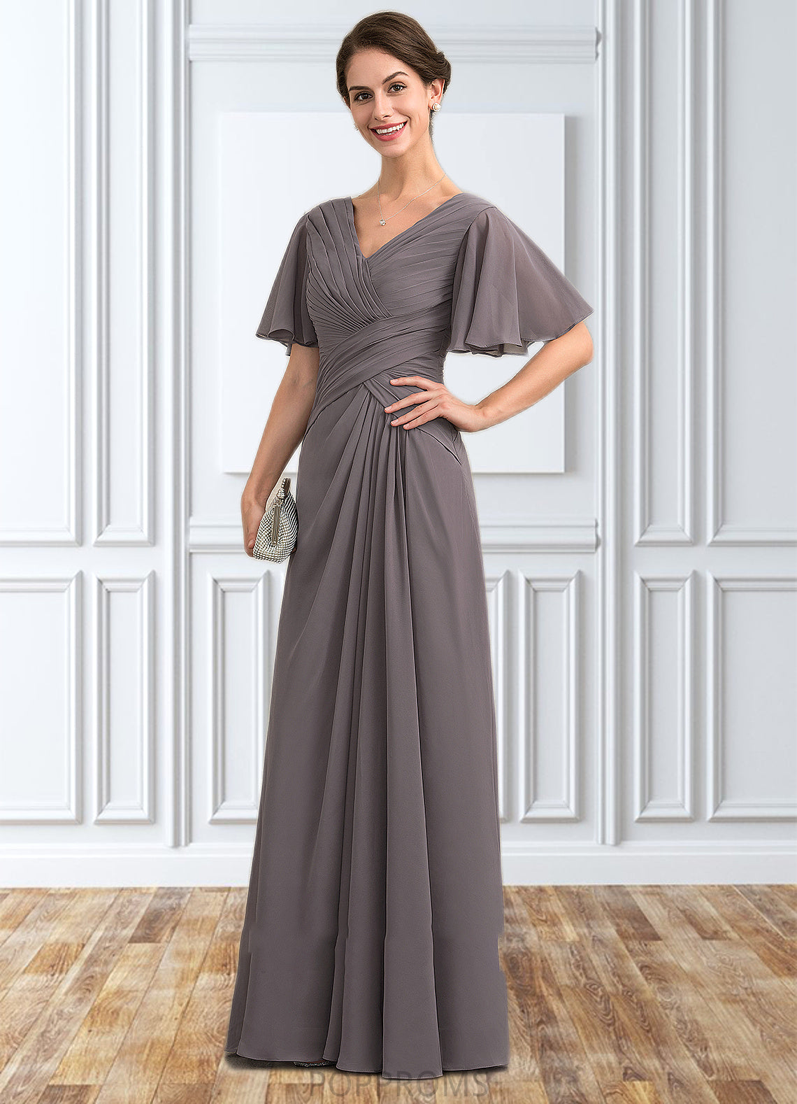 Shirley A-Line V-neck Floor-Length Chiffon Mother of the Bride Dress With Ruffle PP6126P0014581