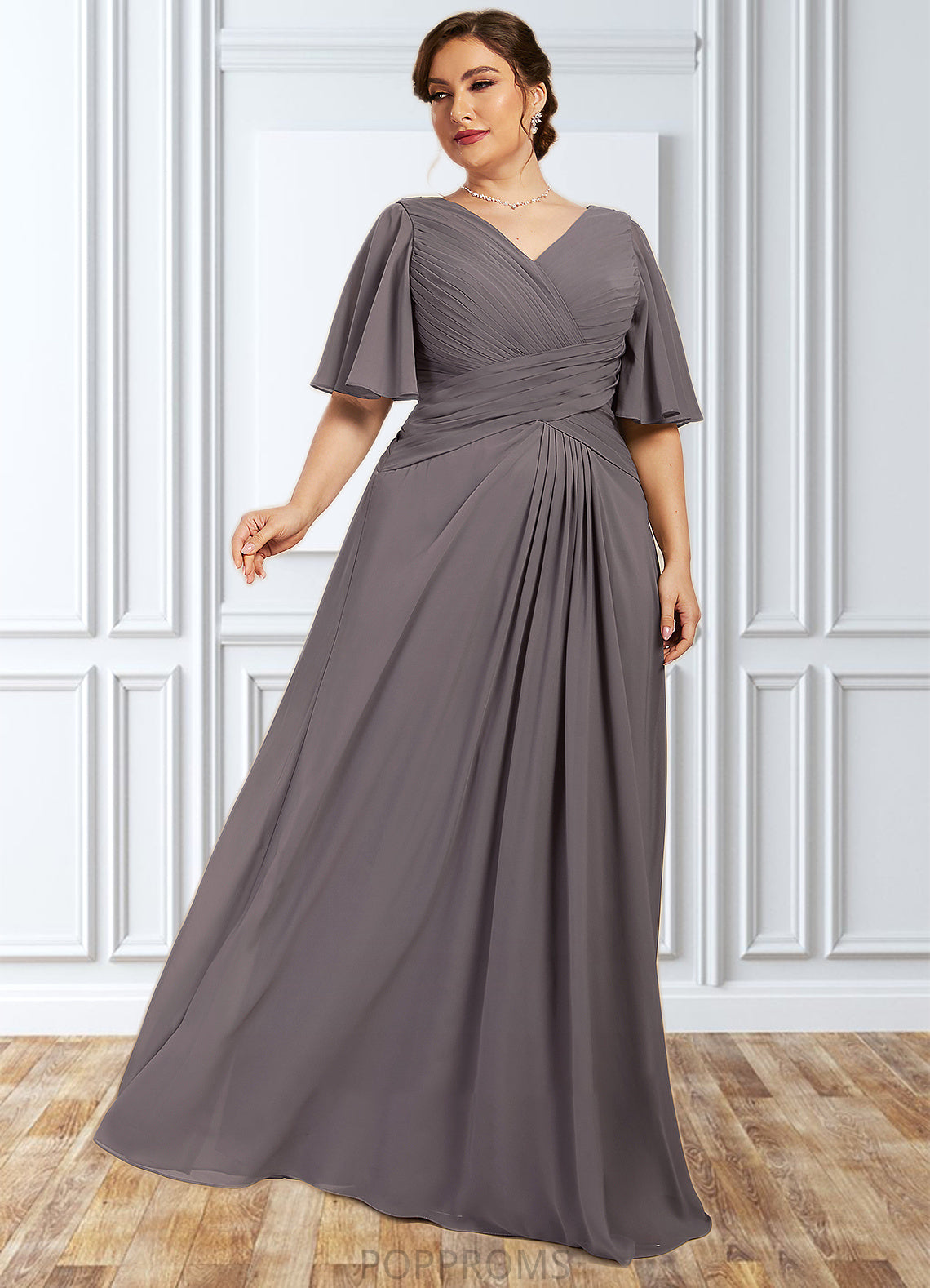 Shirley A-Line V-neck Floor-Length Chiffon Mother of the Bride Dress With Ruffle PP6126P0014581