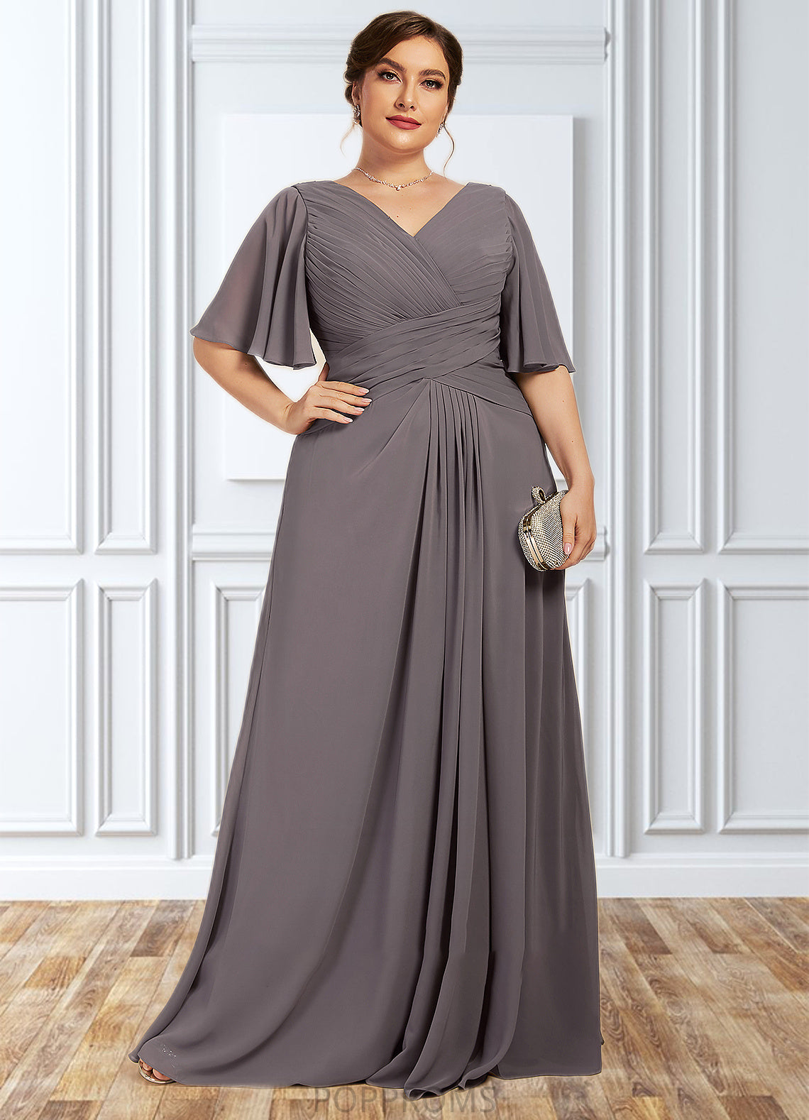 Shirley A-Line V-neck Floor-Length Chiffon Mother of the Bride Dress With Ruffle PP6126P0014581