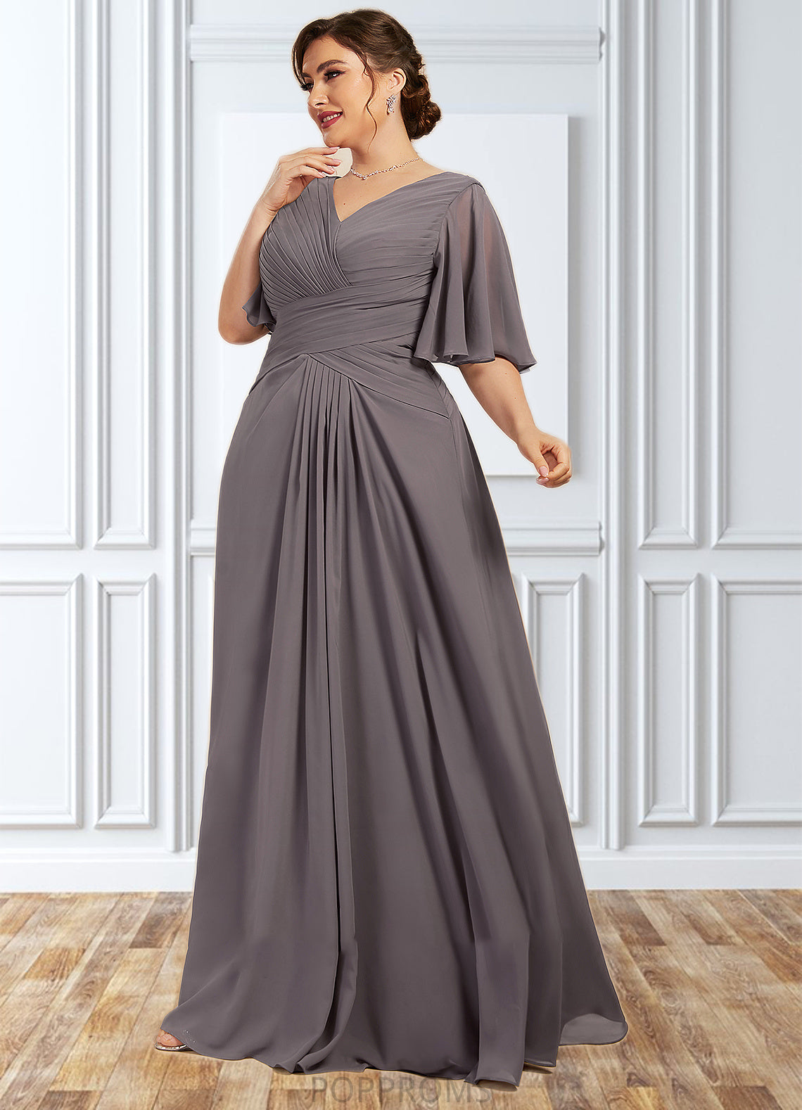 Shirley A-Line V-neck Floor-Length Chiffon Mother of the Bride Dress With Ruffle PP6126P0014581