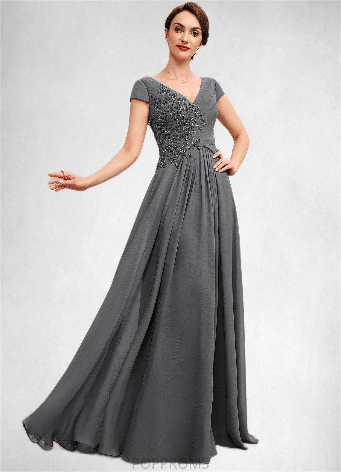 Sadie A-Line V-neck Floor-Length Chiffon Mother of the Bride Dress With Ruffle Lace Beading Sequins PP6126P0014582