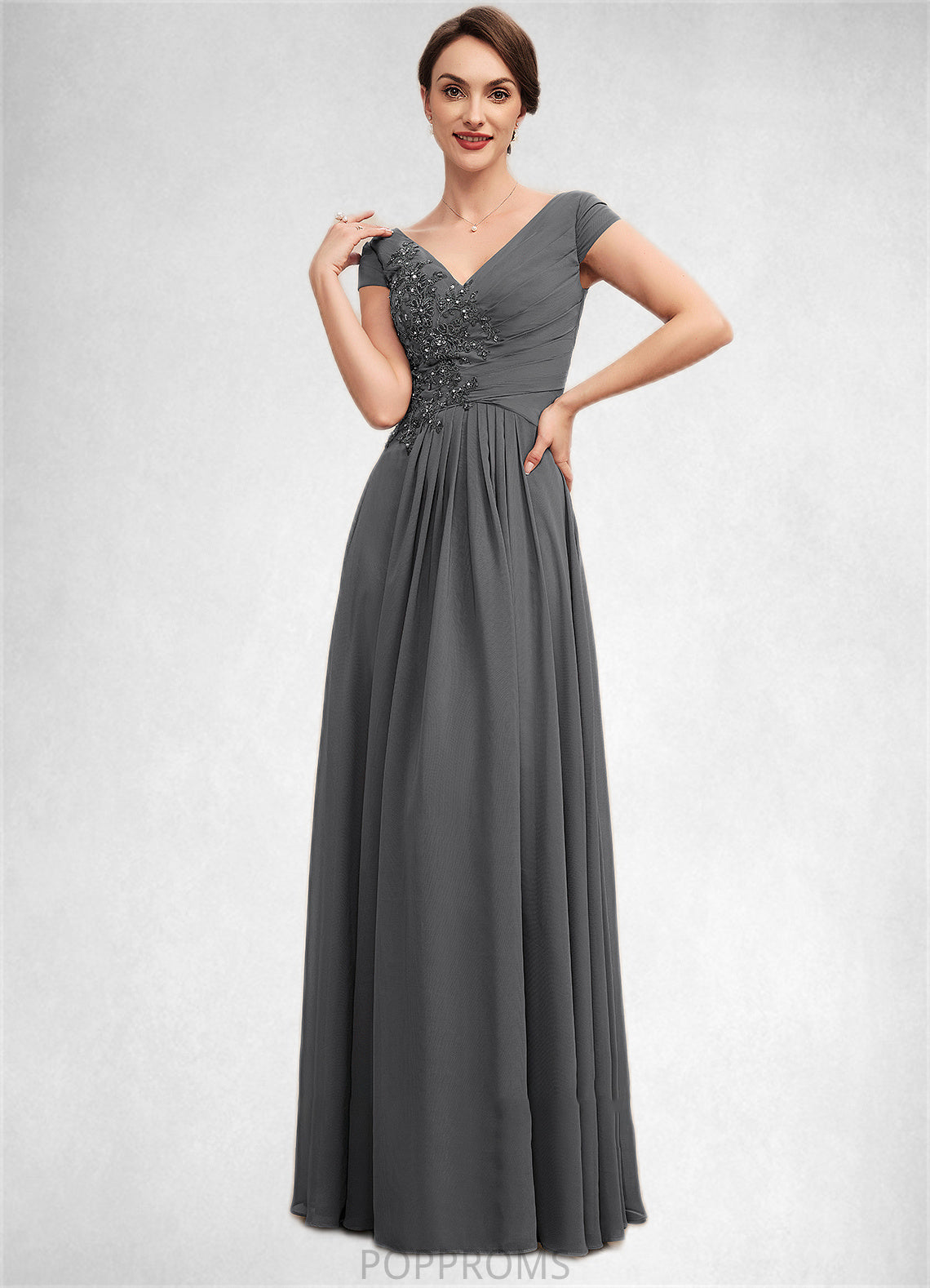 Sadie A-Line V-neck Floor-Length Chiffon Mother of the Bride Dress With Ruffle Lace Beading Sequins PP6126P0014582