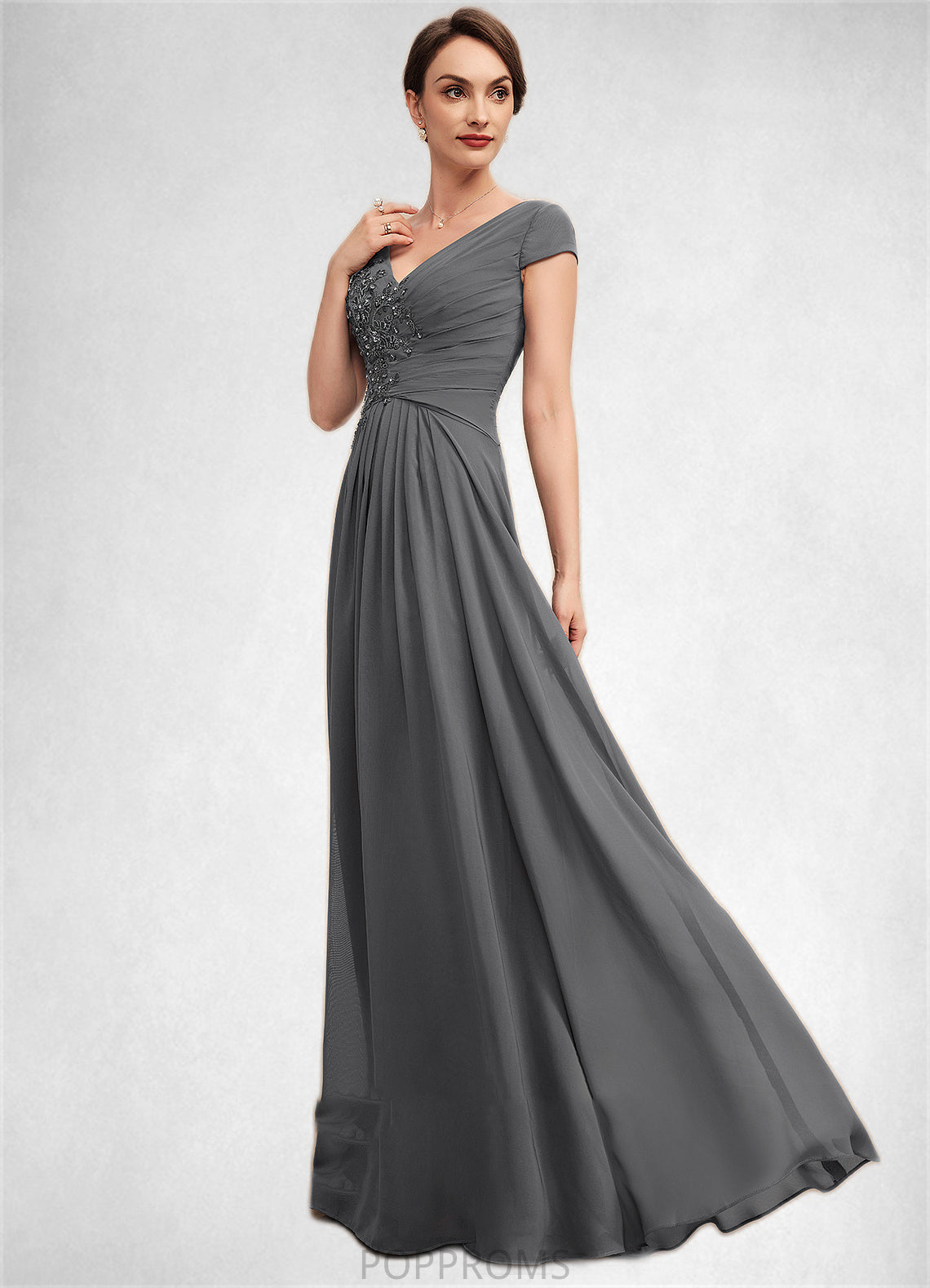 Sadie A-Line V-neck Floor-Length Chiffon Mother of the Bride Dress With Ruffle Lace Beading Sequins PP6126P0014582