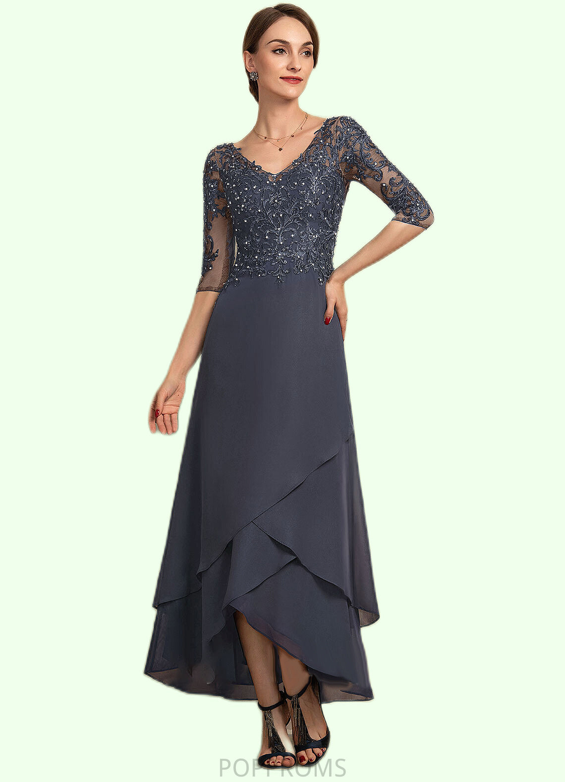 Kaia A-line V-Neck Asymmetrical Chiffon Lace Mother of the Bride Dress With Beading Sequins PP6126P0014584