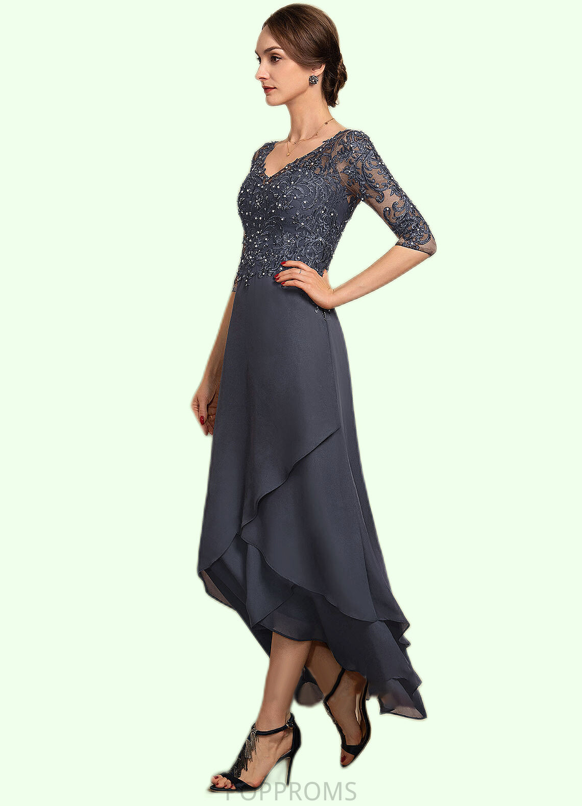 Kaia A-line V-Neck Asymmetrical Chiffon Lace Mother of the Bride Dress With Beading Sequins PP6126P0014584