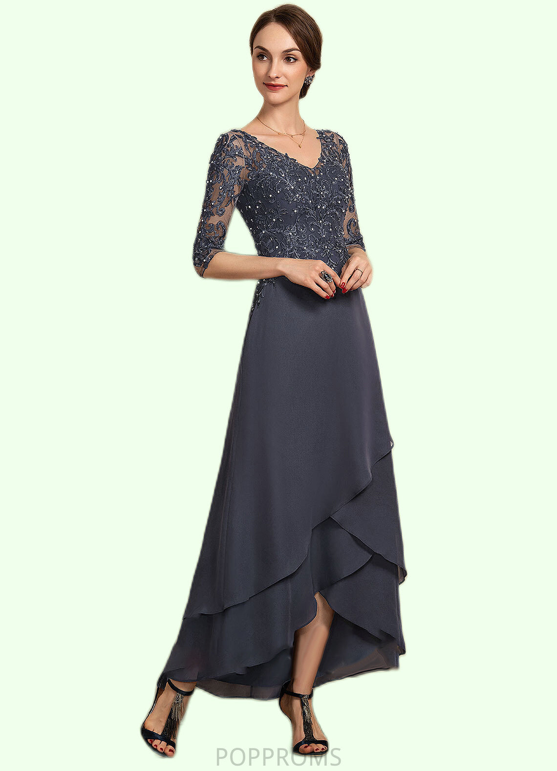 Kaia A-line V-Neck Asymmetrical Chiffon Lace Mother of the Bride Dress With Beading Sequins PP6126P0014584