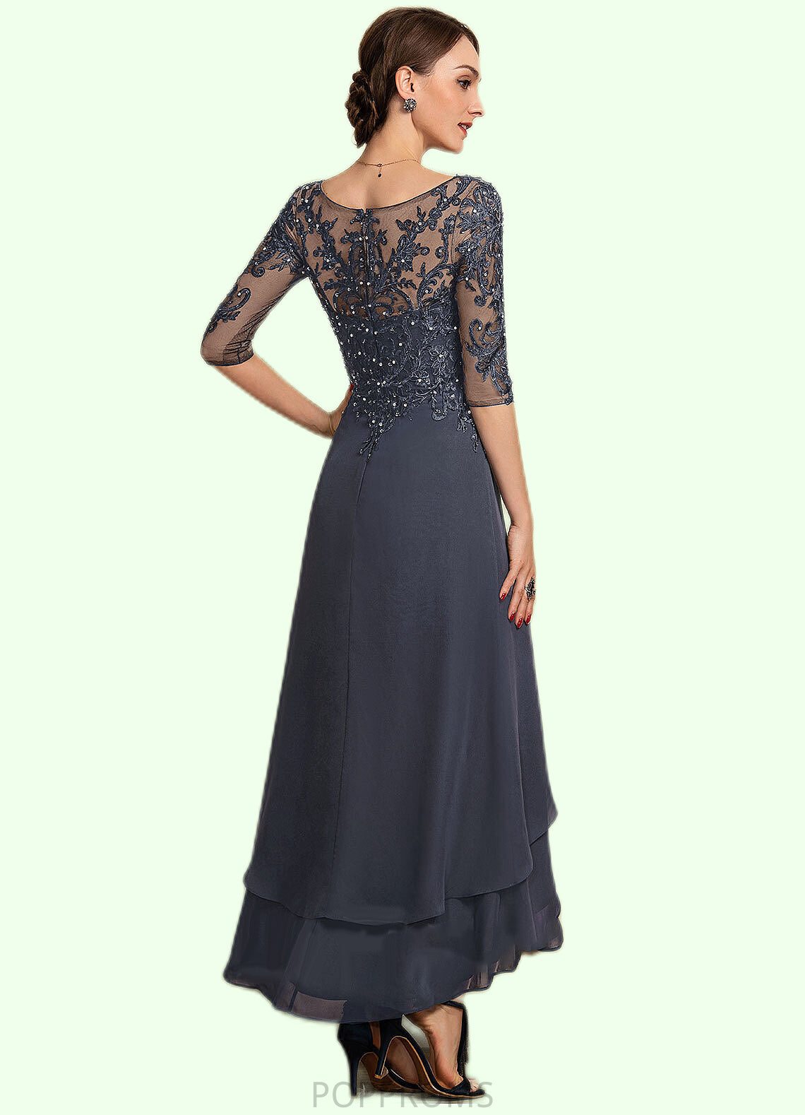 Kaia A-line V-Neck Asymmetrical Chiffon Lace Mother of the Bride Dress With Beading Sequins PP6126P0014584