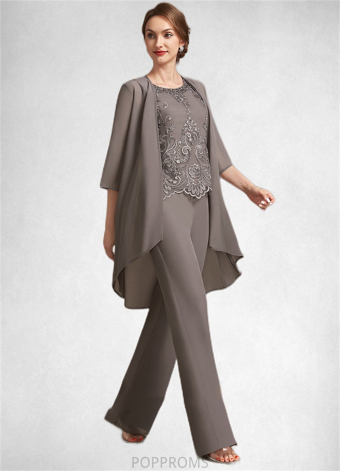 Michaelia Jumpsuit/Pantsuit Scoop Neck Floor-Length Chiffon Lace Mother of the Bride Dress With Beading Sequins PP6126P0014585