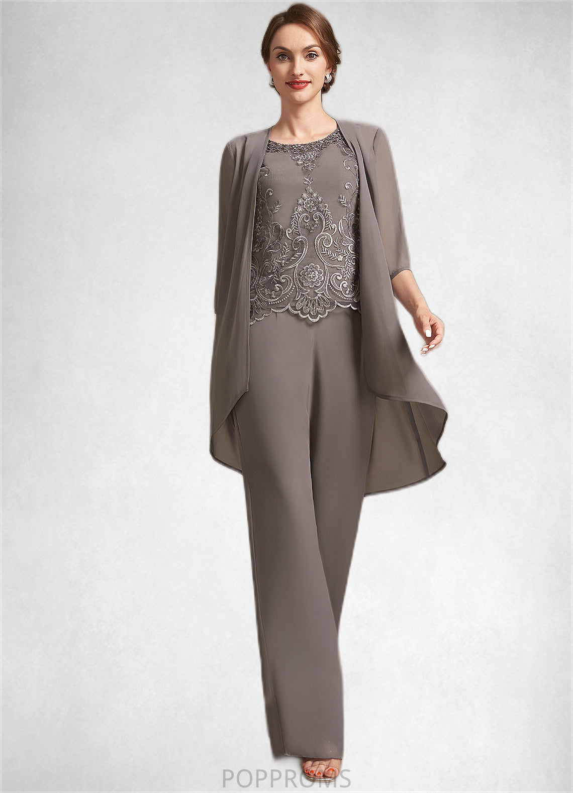 Michaelia Jumpsuit/Pantsuit Scoop Neck Floor-Length Chiffon Lace Mother of the Bride Dress With Beading Sequins PP6126P0014585