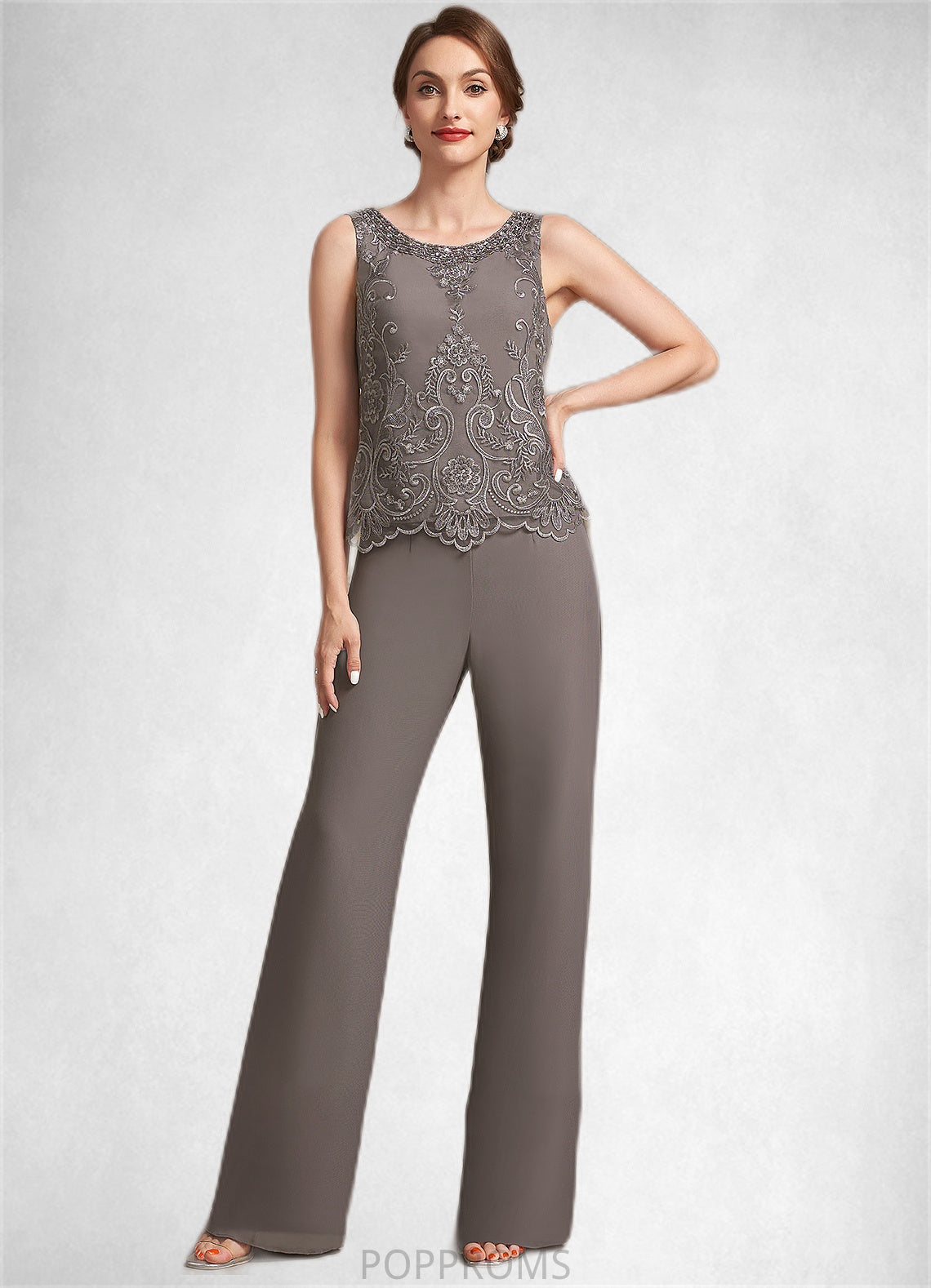 Michaelia Jumpsuit/Pantsuit Scoop Neck Floor-Length Chiffon Lace Mother of the Bride Dress With Beading Sequins PP6126P0014585