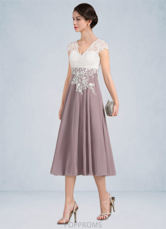 Danika A-Line V-neck Tea-Length Chiffon Lace Mother of the Bride Dress PP6126P0014588