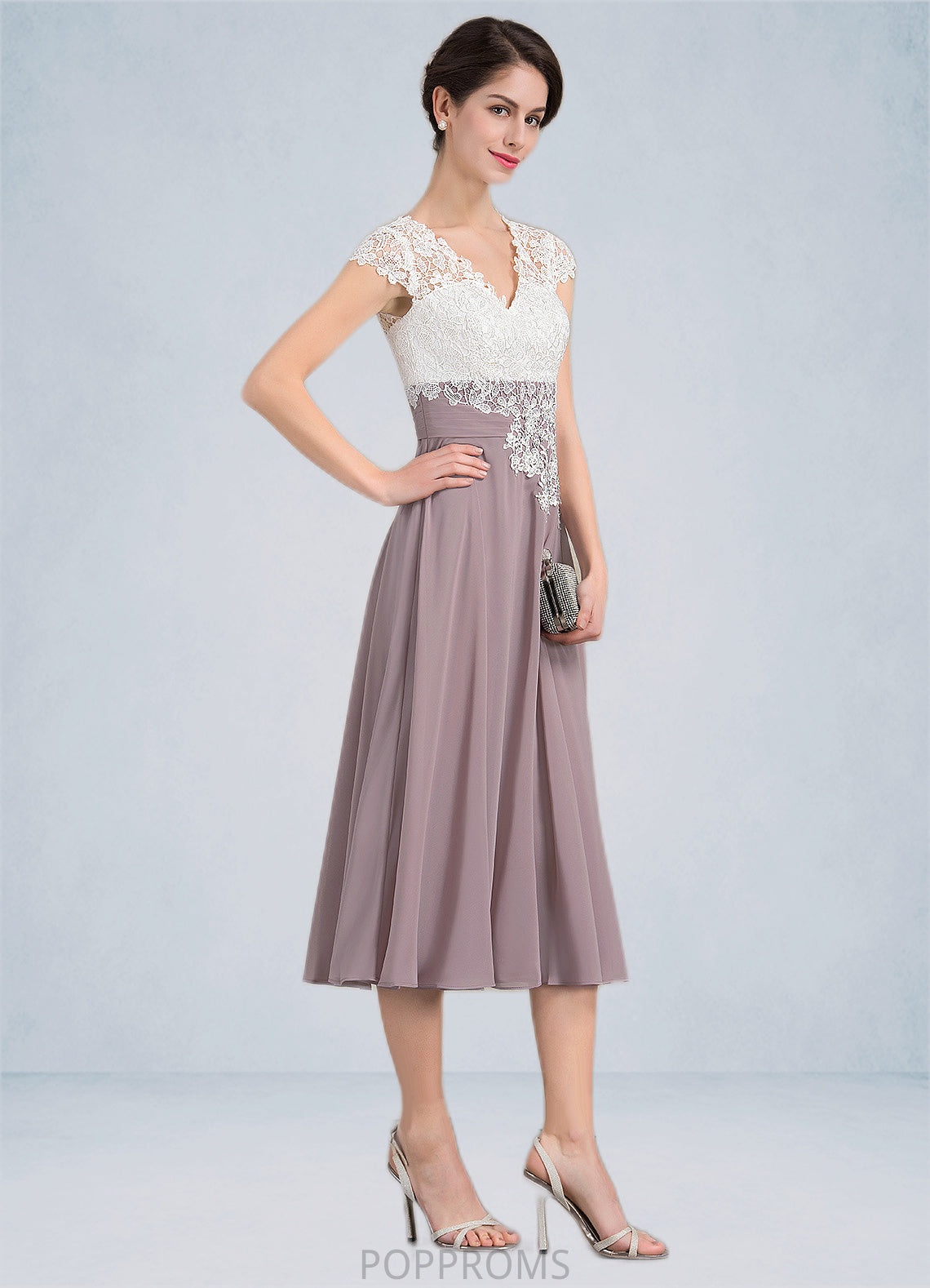 Danika A-Line V-neck Tea-Length Chiffon Lace Mother of the Bride Dress PP6126P0014588