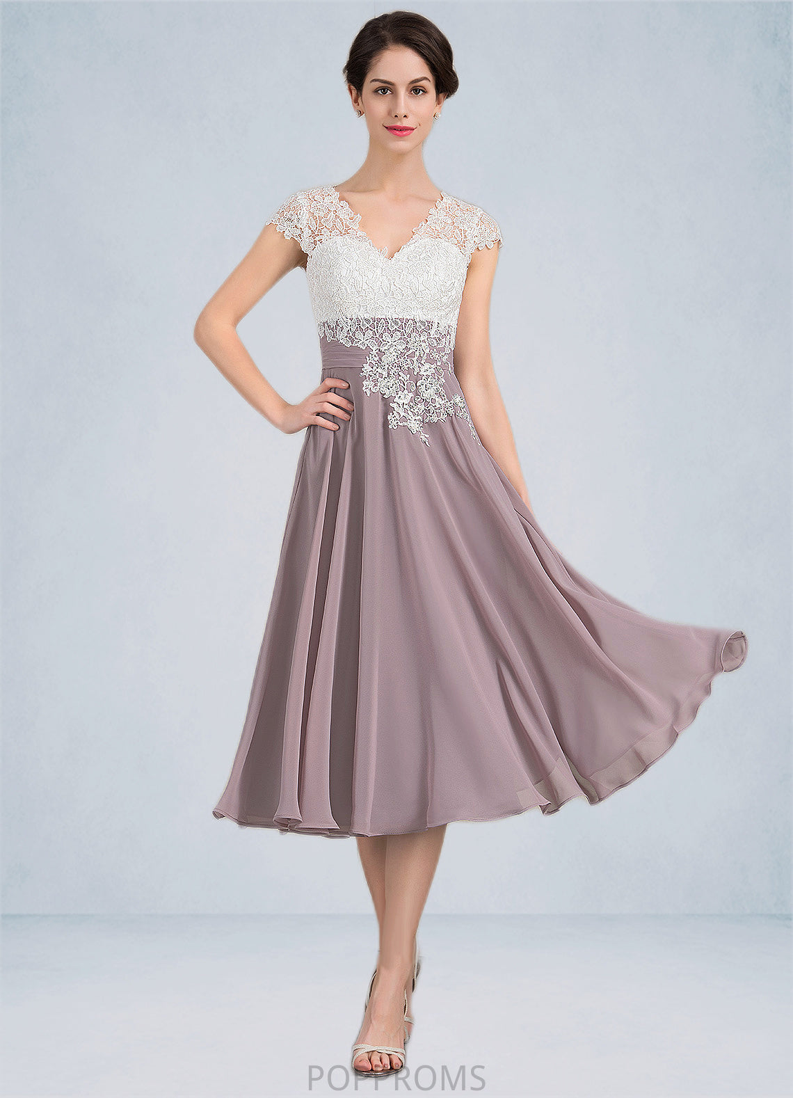 Danika A-Line V-neck Tea-Length Chiffon Lace Mother of the Bride Dress PP6126P0014588