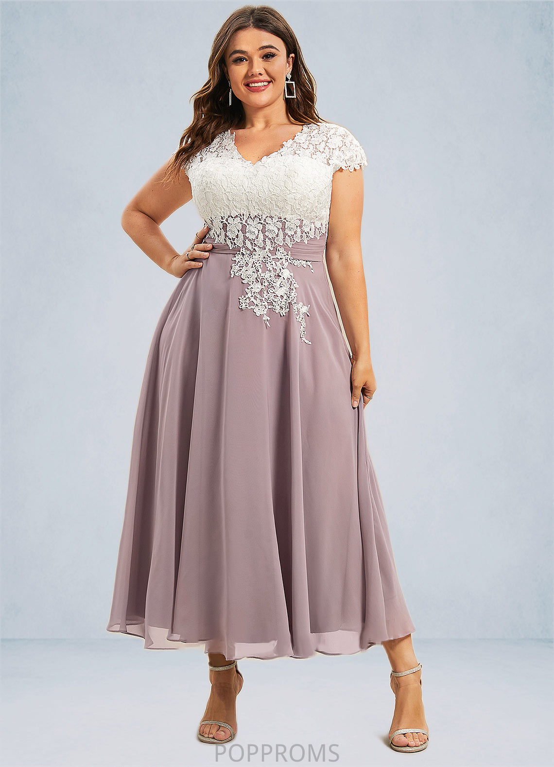 Danika A-Line V-neck Tea-Length Chiffon Lace Mother of the Bride Dress PP6126P0014588