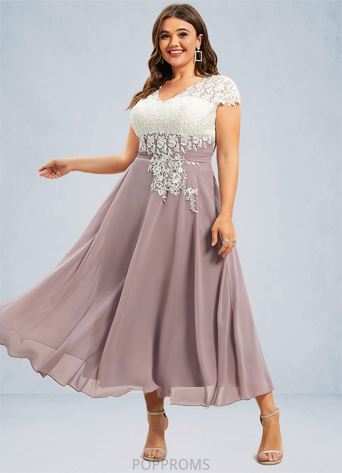 Danika A-Line V-neck Tea-Length Chiffon Lace Mother of the Bride Dress PP6126P0014588