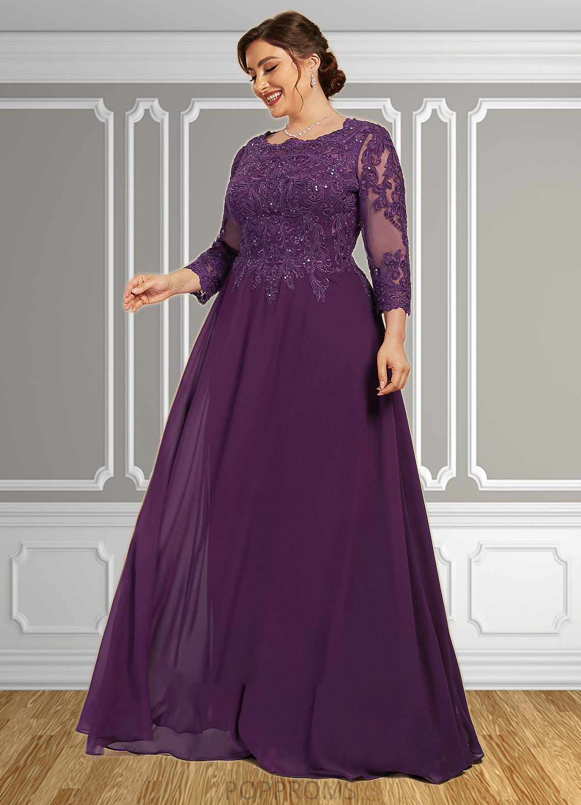 Aubrey A-Line Scoop Neck Floor-Length Chiffon Lace Mother of the Bride Dress With Sequins PP6126P0014590