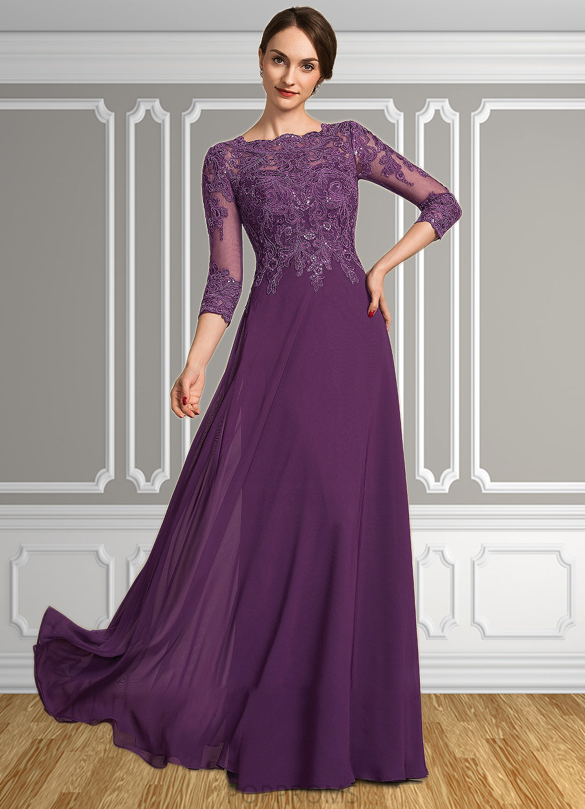 Aubrey A-Line Scoop Neck Floor-Length Chiffon Lace Mother of the Bride Dress With Sequins PP6126P0014590