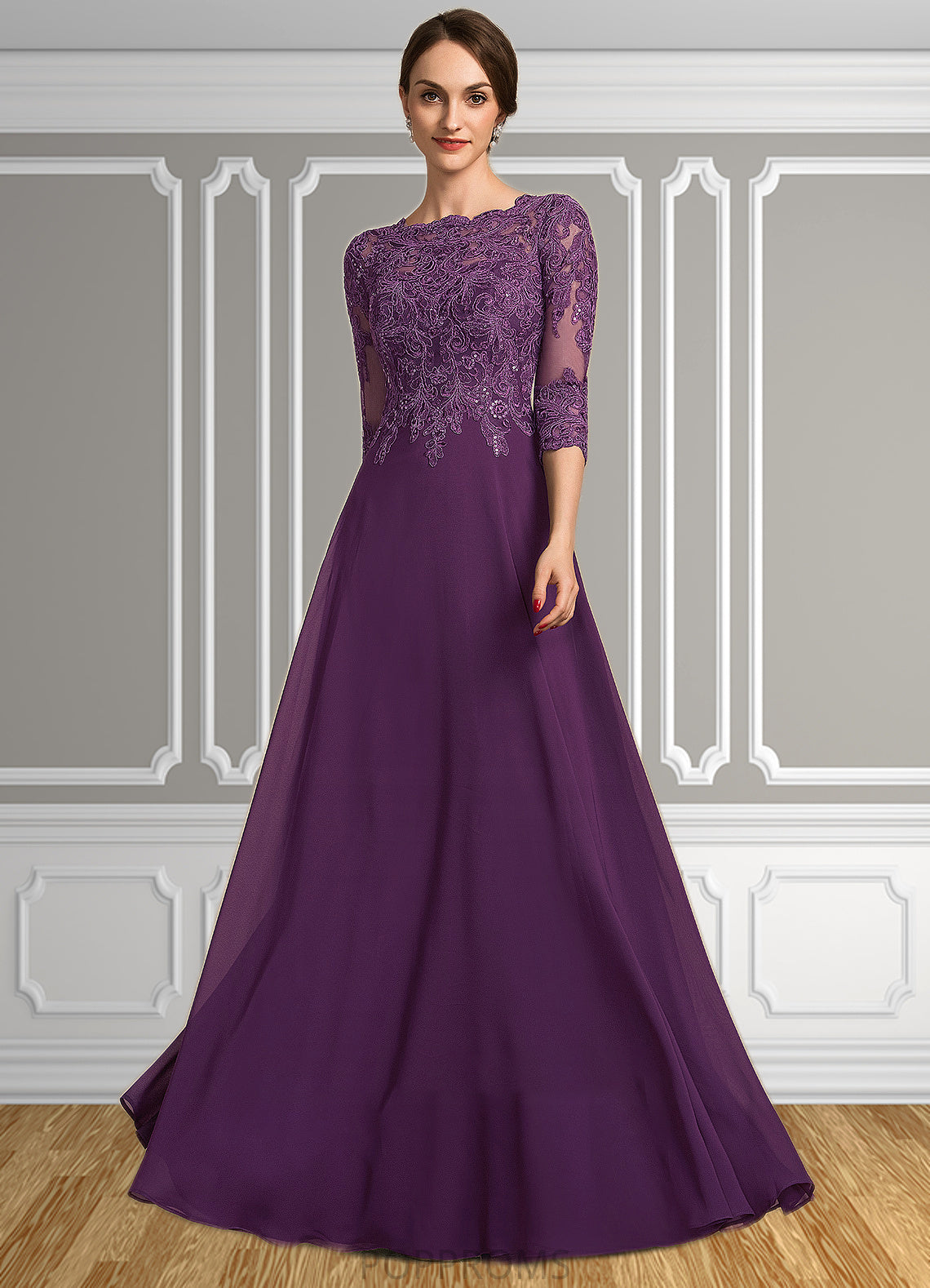 Aubrey A-Line Scoop Neck Floor-Length Chiffon Lace Mother of the Bride Dress With Sequins PP6126P0014590