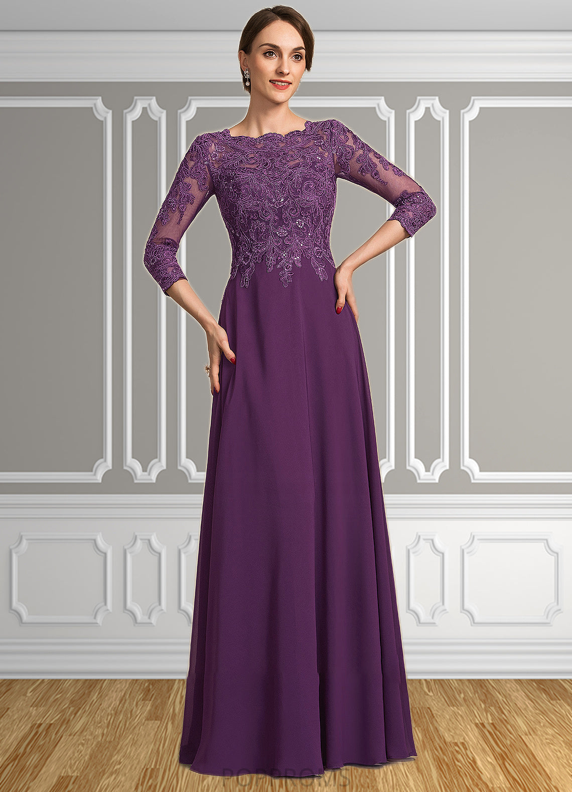 Aubrey A-Line Scoop Neck Floor-Length Chiffon Lace Mother of the Bride Dress With Sequins PP6126P0014590