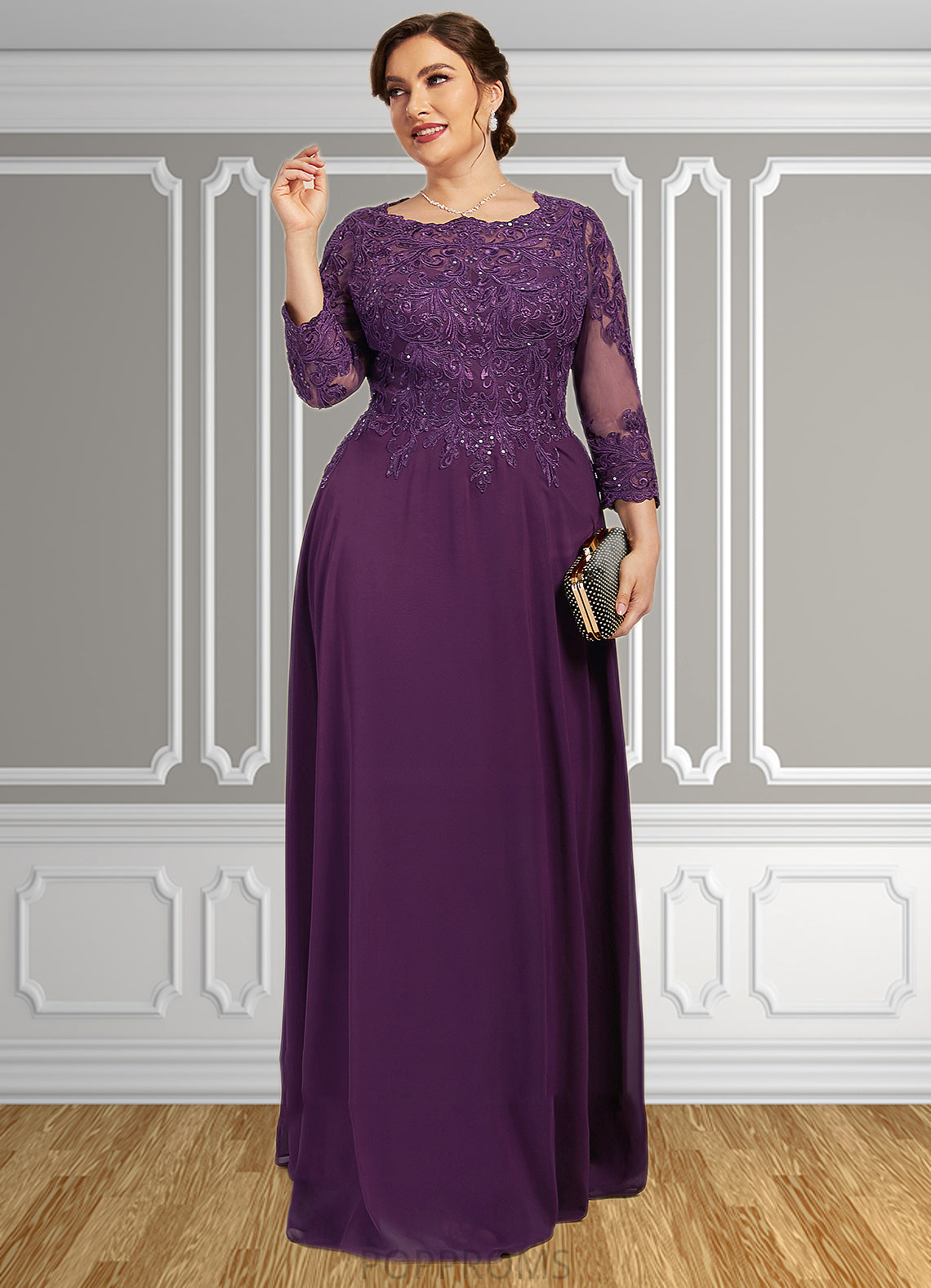 Aubrey A-Line Scoop Neck Floor-Length Chiffon Lace Mother of the Bride Dress With Sequins PP6126P0014590