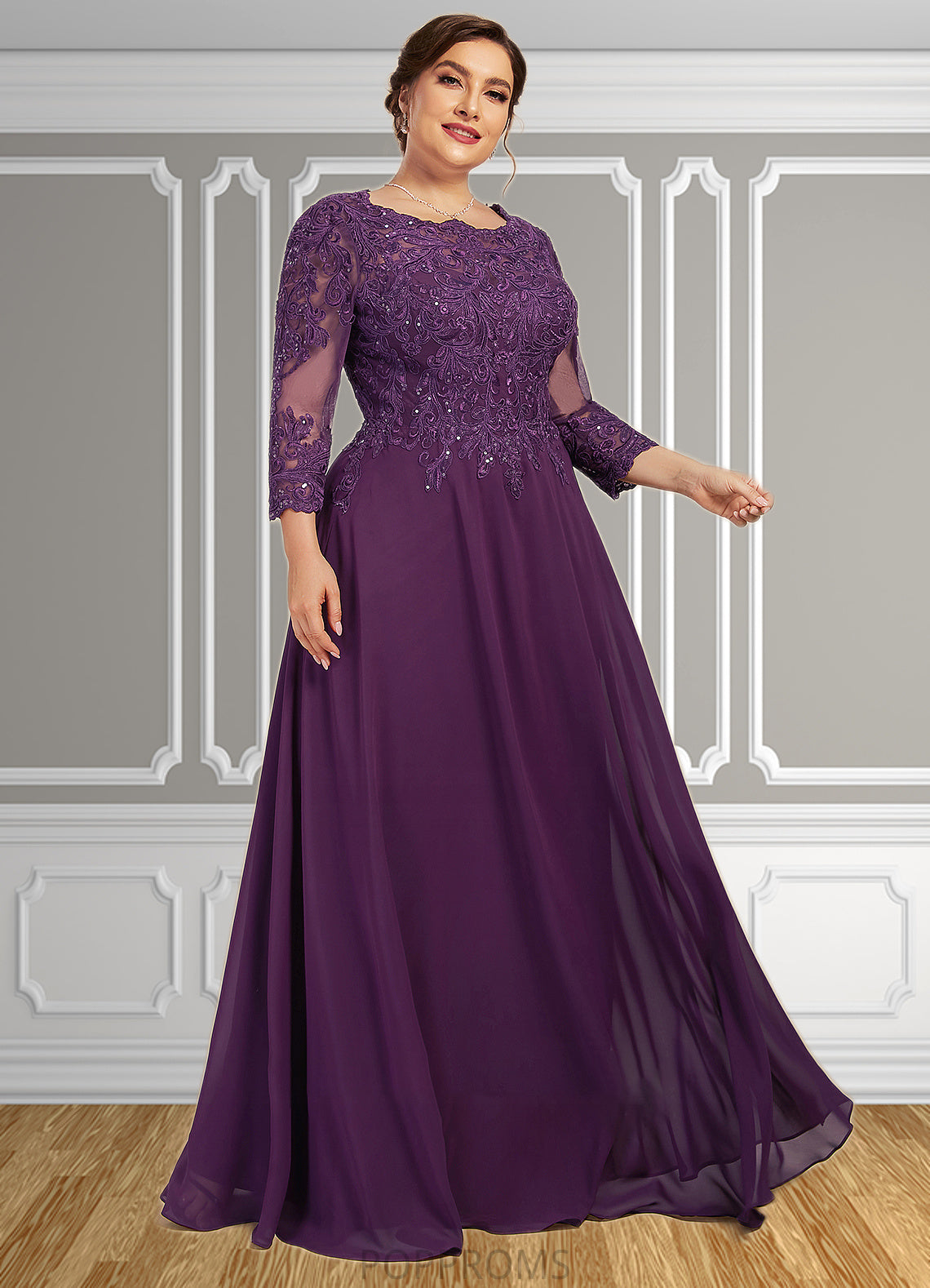 Aubrey A-Line Scoop Neck Floor-Length Chiffon Lace Mother of the Bride Dress With Sequins PP6126P0014590