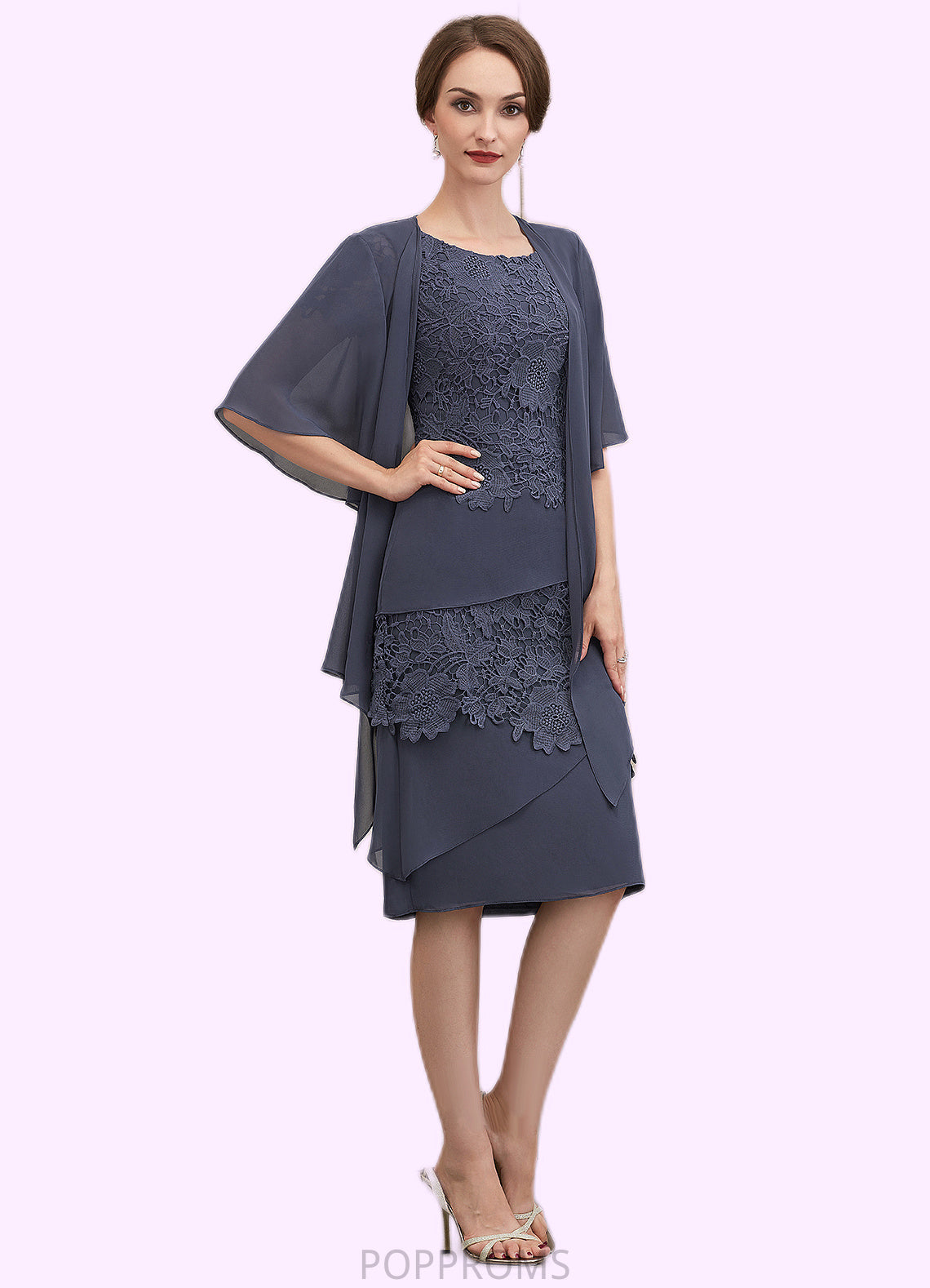 Evelin Sheath/Column Scoop Neck Knee-Length Chiffon Lace Mother of the Bride Dress PP6126P0014591