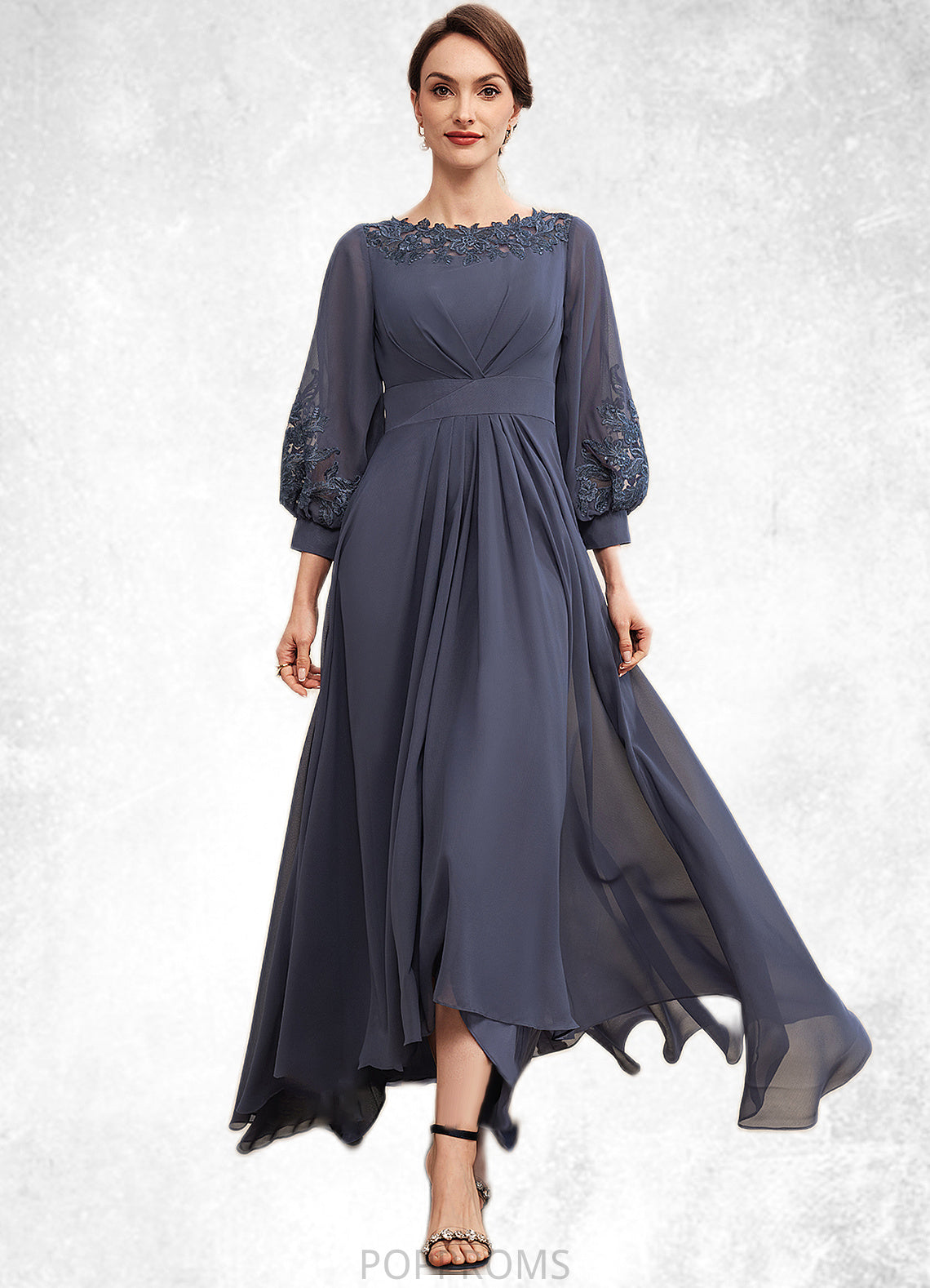 Michaelia A-Line Scoop Neck Asymmetrical Chiffon Mother of the Bride Dress With Ruffle Appliques Lace PP6126P0014592