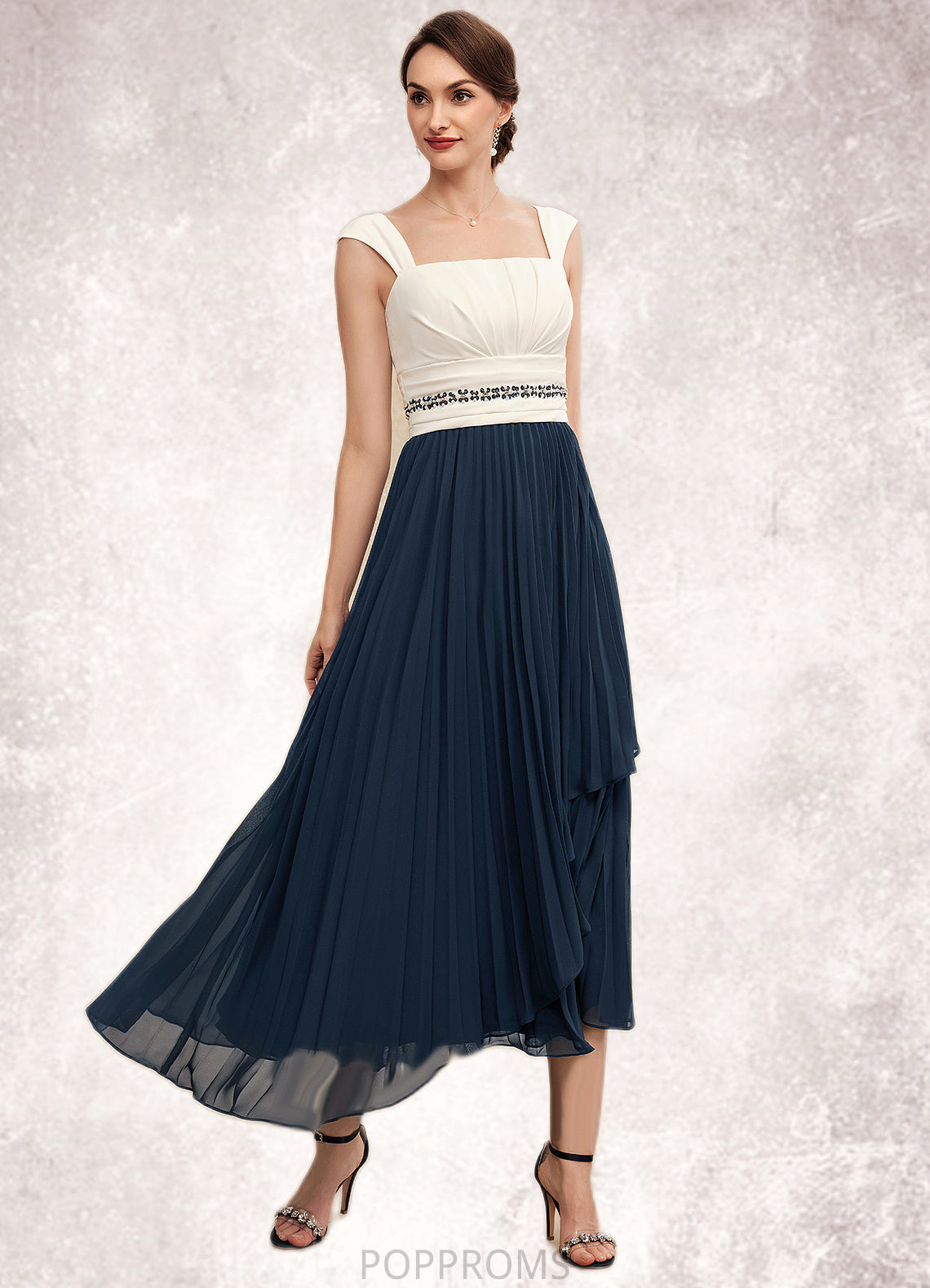 Rylee A-Line Square Neckline Tea-Length Chiffon Mother of the Bride Dress With Beading Sequins Pleated PP6126P0014594