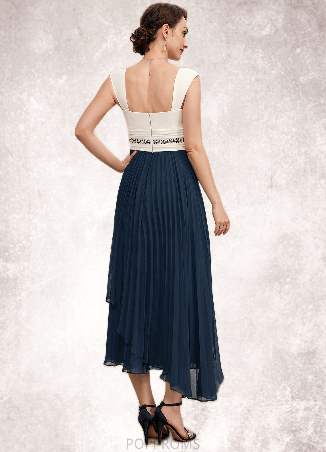 Rylee A-Line Square Neckline Tea-Length Chiffon Mother of the Bride Dress With Beading Sequins Pleated PP6126P0014594