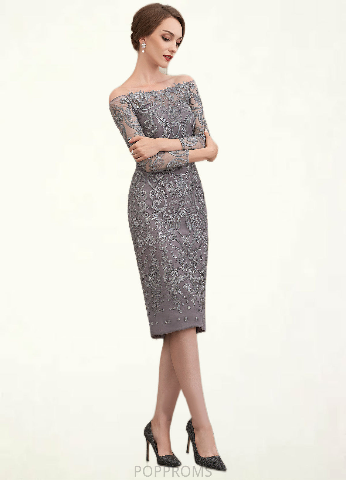 Avery Sheath/Column Off-the-Shoulder Knee-Length Lace Mother of the Bride Dress PP6126P0014595