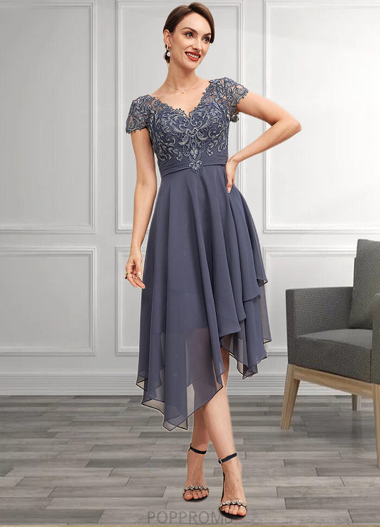 Nia A-Line V-neck Asymmetrical Chiffon Lace Mother of the Bride Dress With Ruffle PP6126P0014596