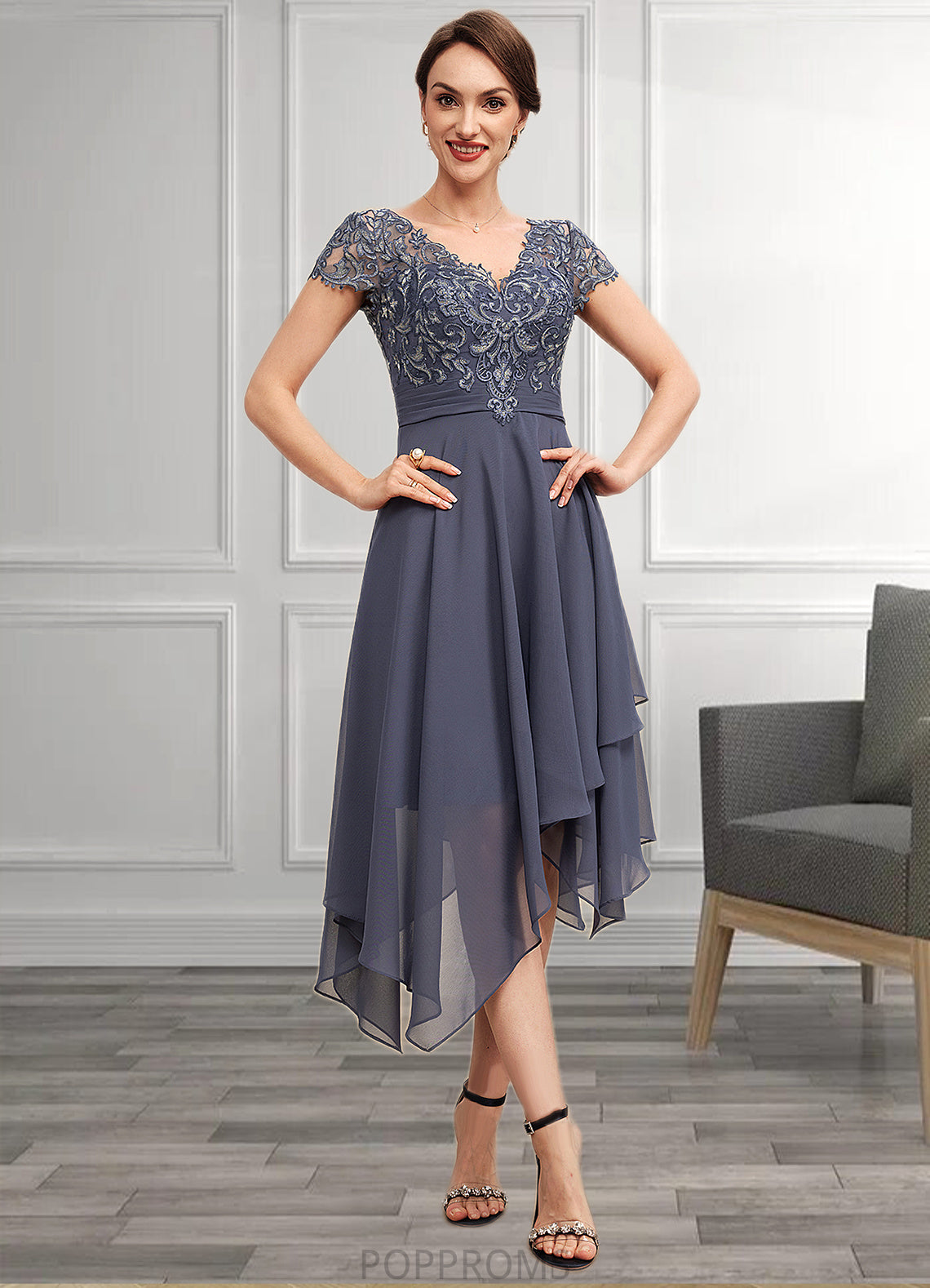 Nia A-Line V-neck Asymmetrical Chiffon Lace Mother of the Bride Dress With Ruffle PP6126P0014596