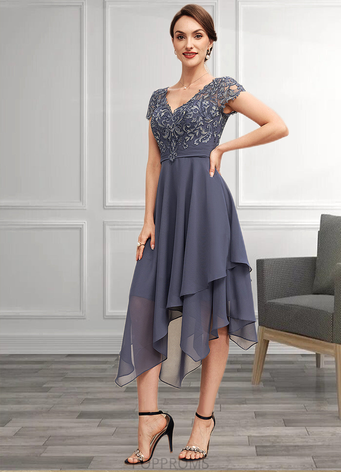 Nia A-Line V-neck Asymmetrical Chiffon Lace Mother of the Bride Dress With Ruffle PP6126P0014596