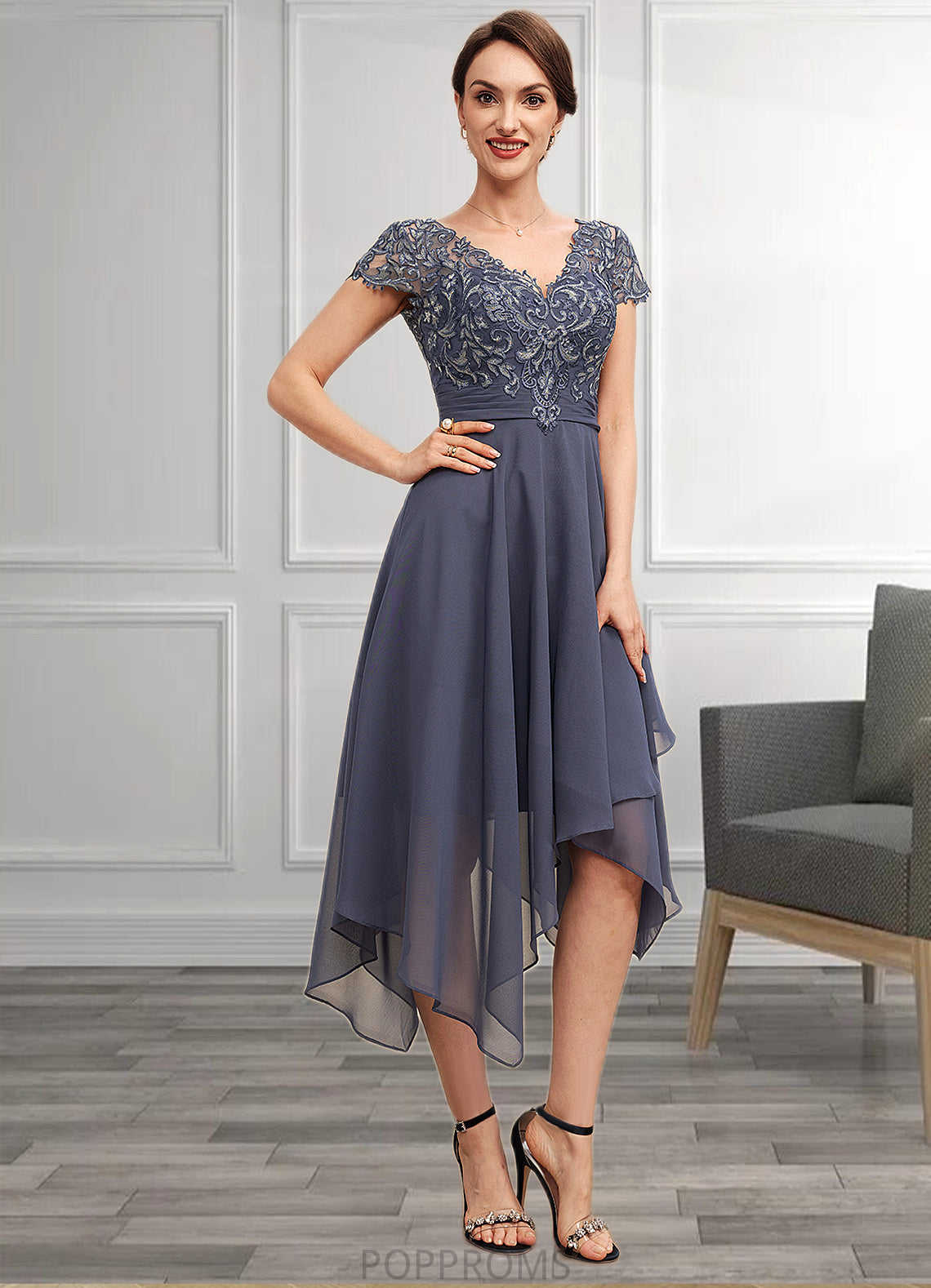 Nia A-Line V-neck Asymmetrical Chiffon Lace Mother of the Bride Dress With Ruffle PP6126P0014596