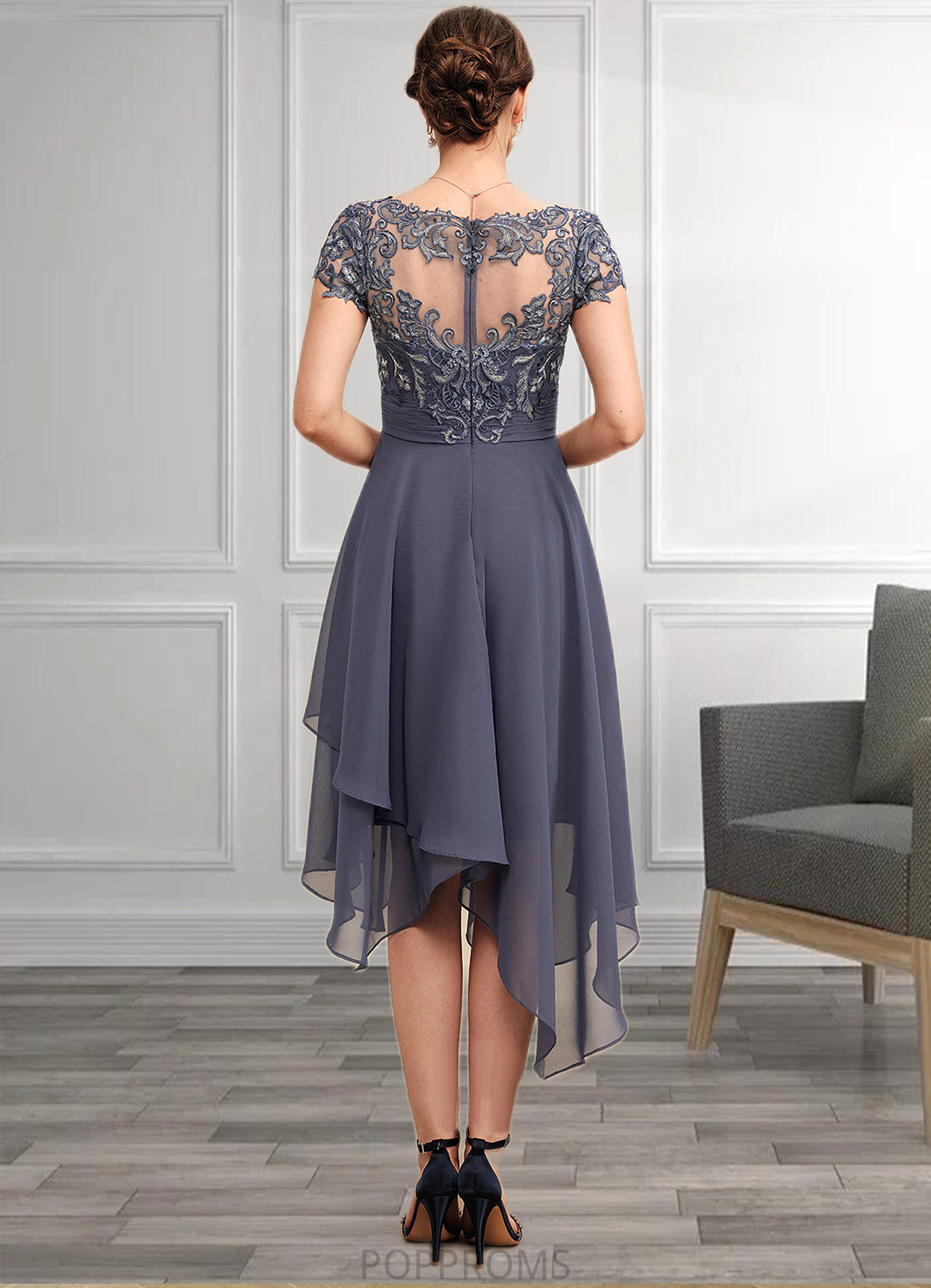 Nia A-Line V-neck Asymmetrical Chiffon Lace Mother of the Bride Dress With Ruffle PP6126P0014596