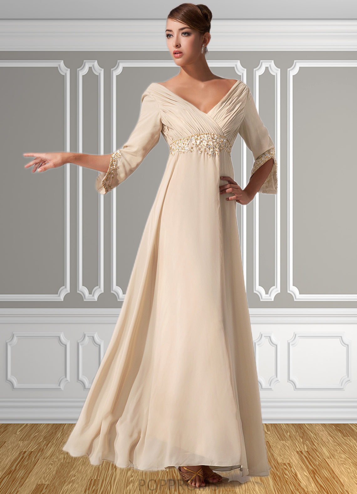 Gia Empire V-neck Floor-Length Chiffon Mother of the Bride Dress With Ruffle Beading PP6126P0014597